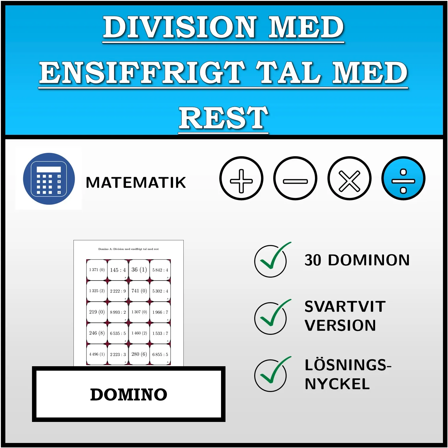 Domino: Division med ensiffrigt tal med rest