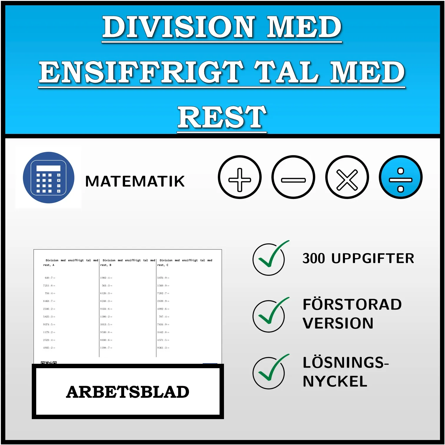 Arbetsblad: Division med ensiffrigt tal med rest
