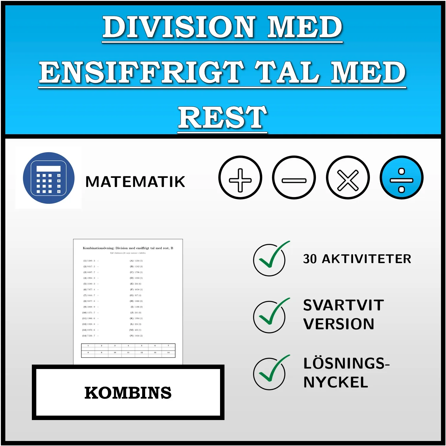 Kombinationsövning: Division med ensiffrigt tal med rest