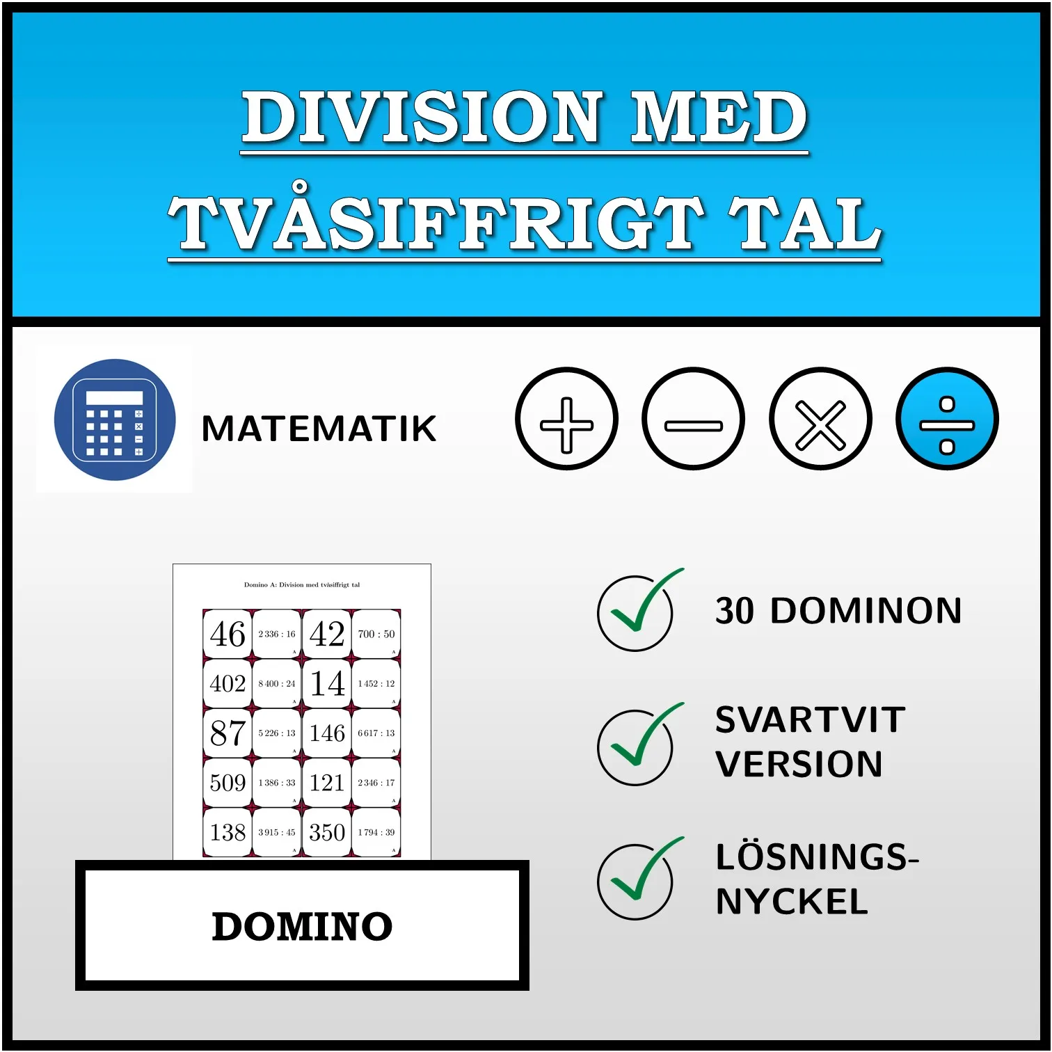 Domino: Division med tvåsiffrigt tal