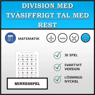 Memoryspel: Division med tvåsiffrigt tal med rest