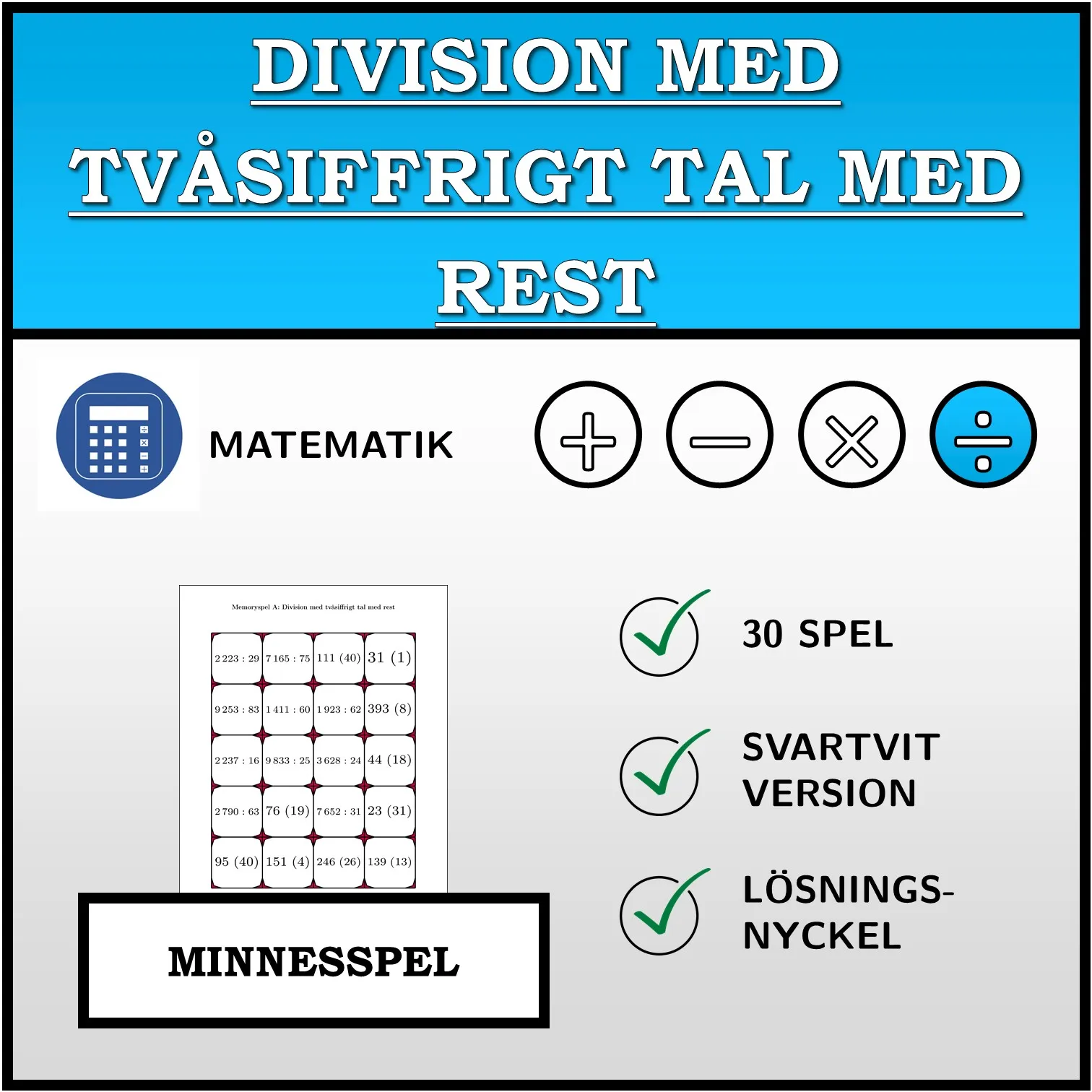 Memoryspel: Division med tvåsiffrigt tal med rest