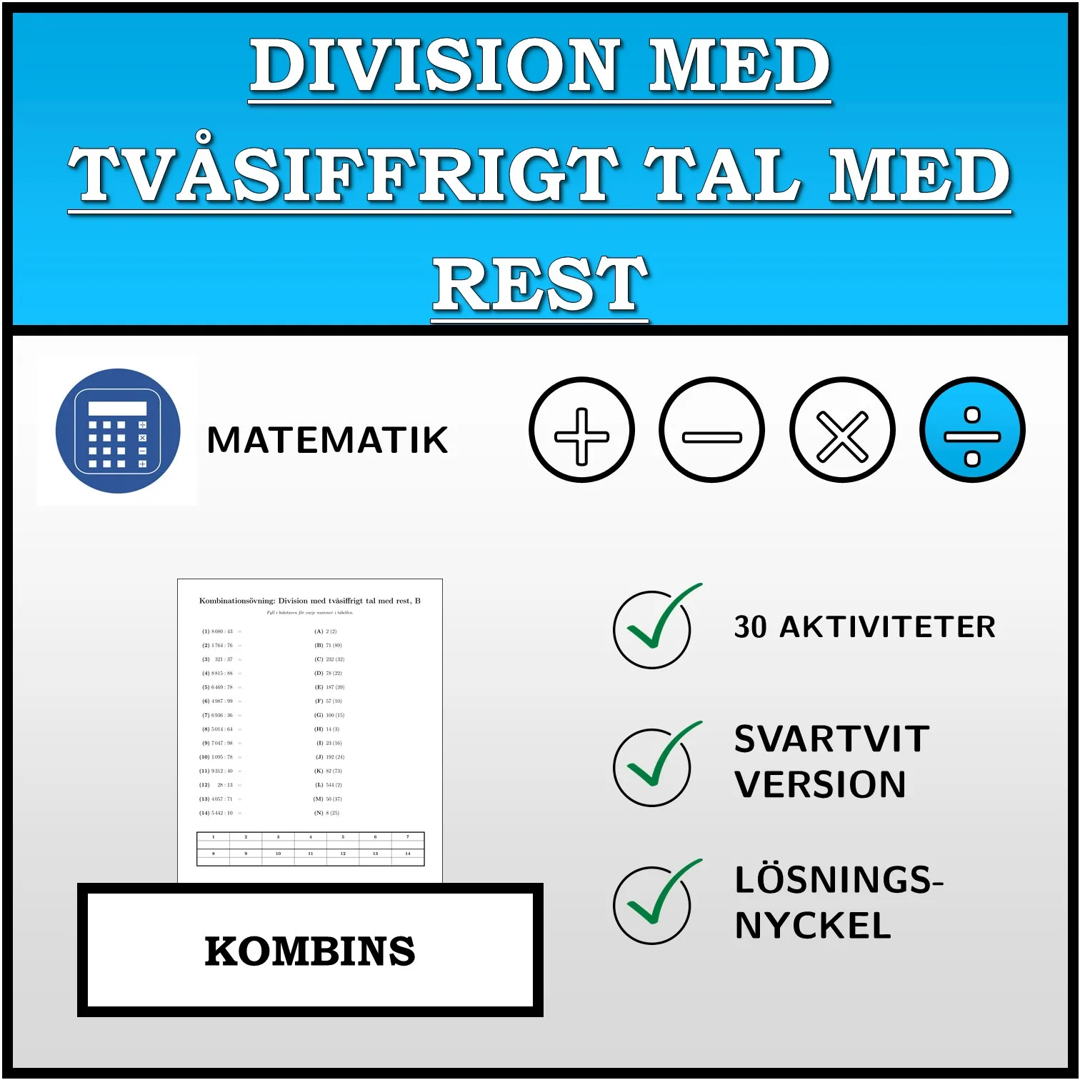 Kombinationsövning: Division med tvåsiffrigt tal med rest