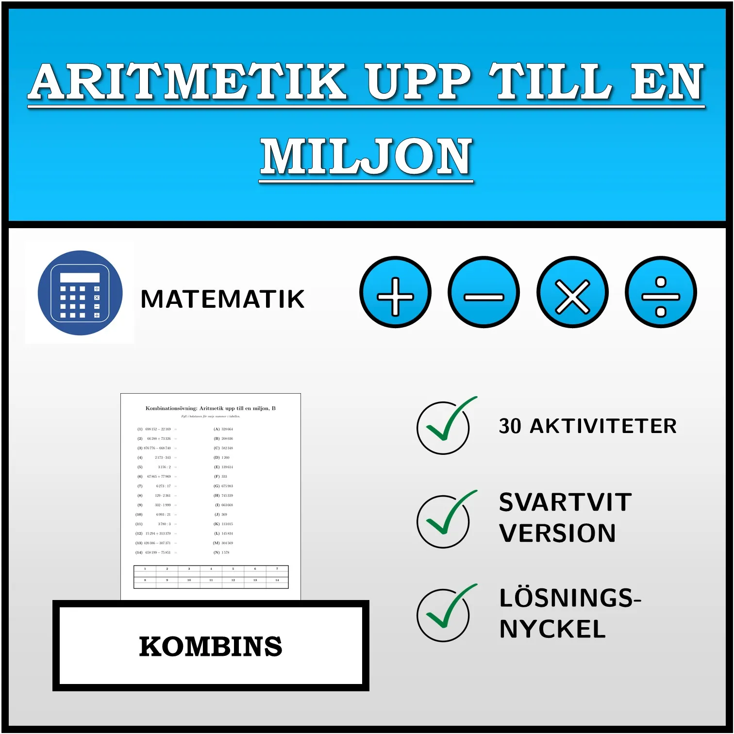 Kombinationsövning: Aritmetik upp till en miljon