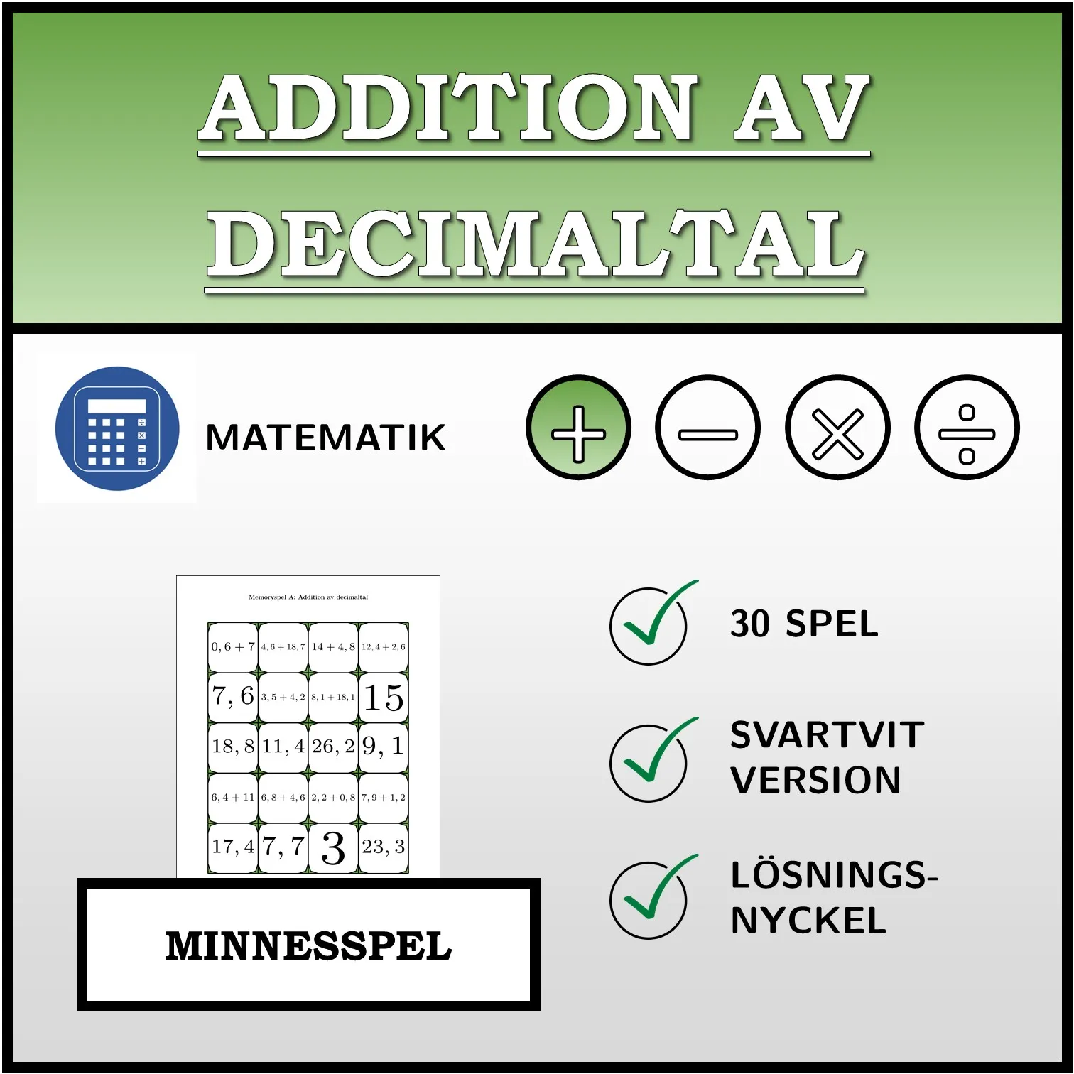 Memoryspel: Addition av decimaltal