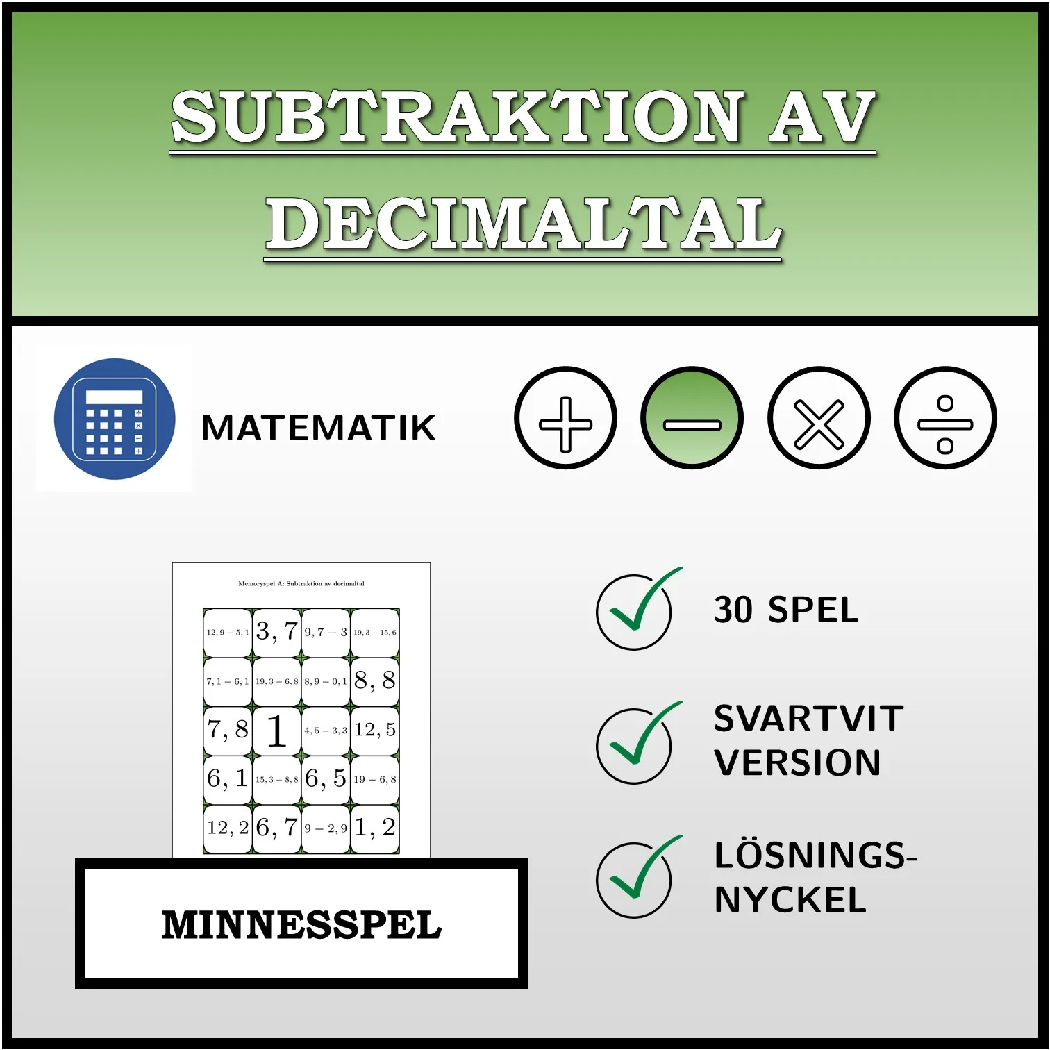 Memoryspel: Subtraktion av decimaltal