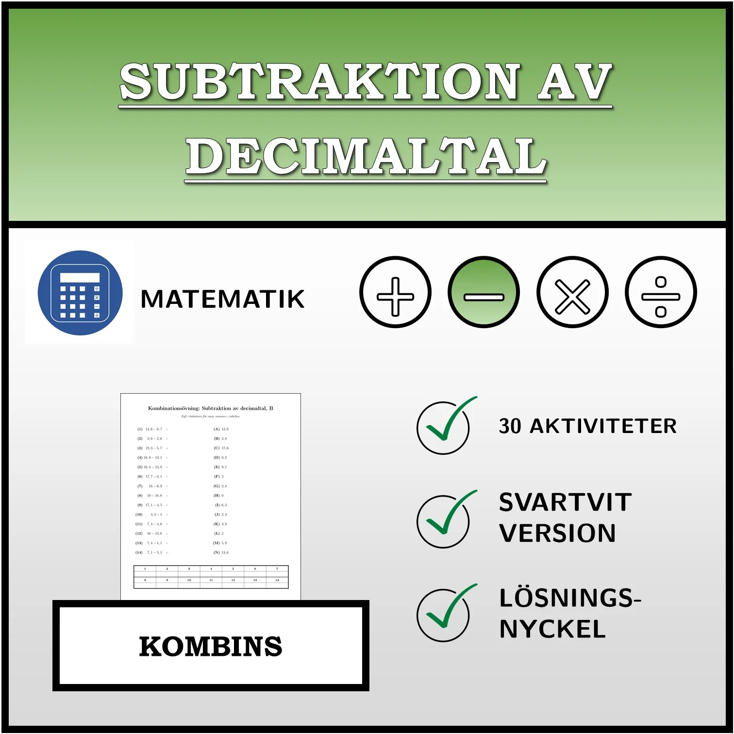 Kombinationsövning: Subtraktion av decimaltal