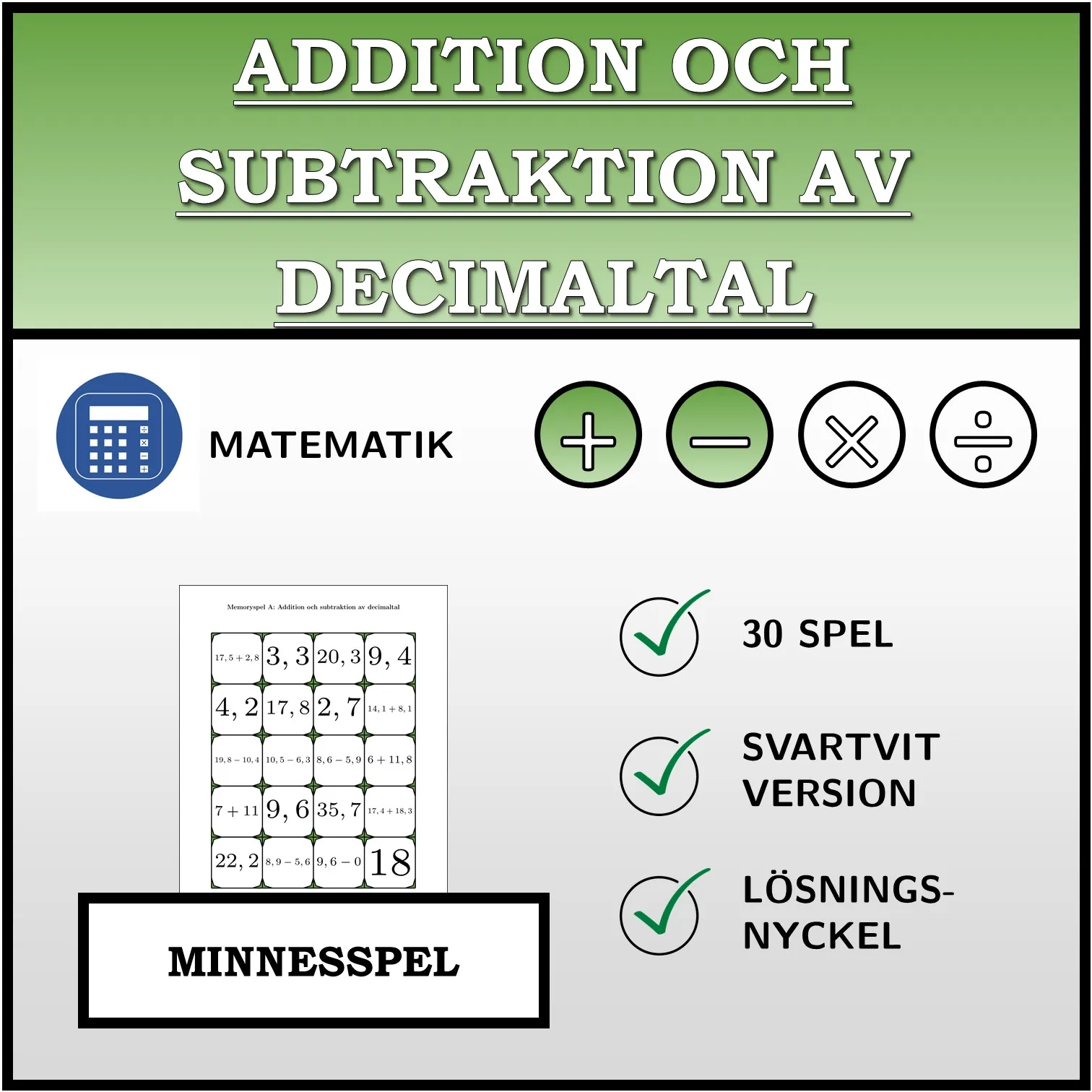 Memoryspel: Addition och subtraktion av decimaltal