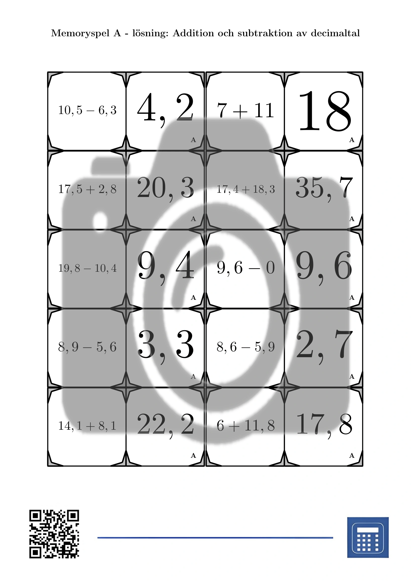 Memoryspel: Addition och subtraktion av decimaltal - Bild 4
