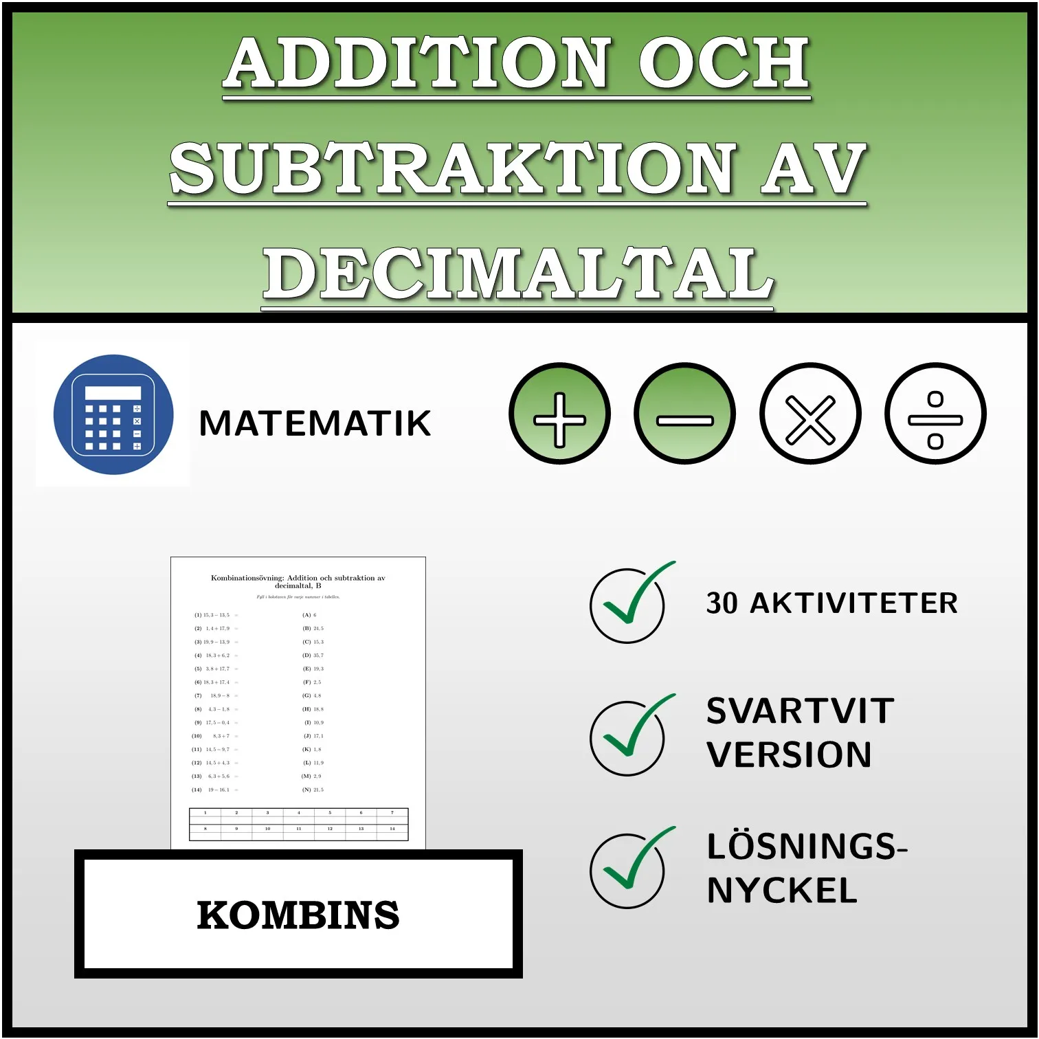 Kombinationsövning: Addition och subtraktion av decimaltal