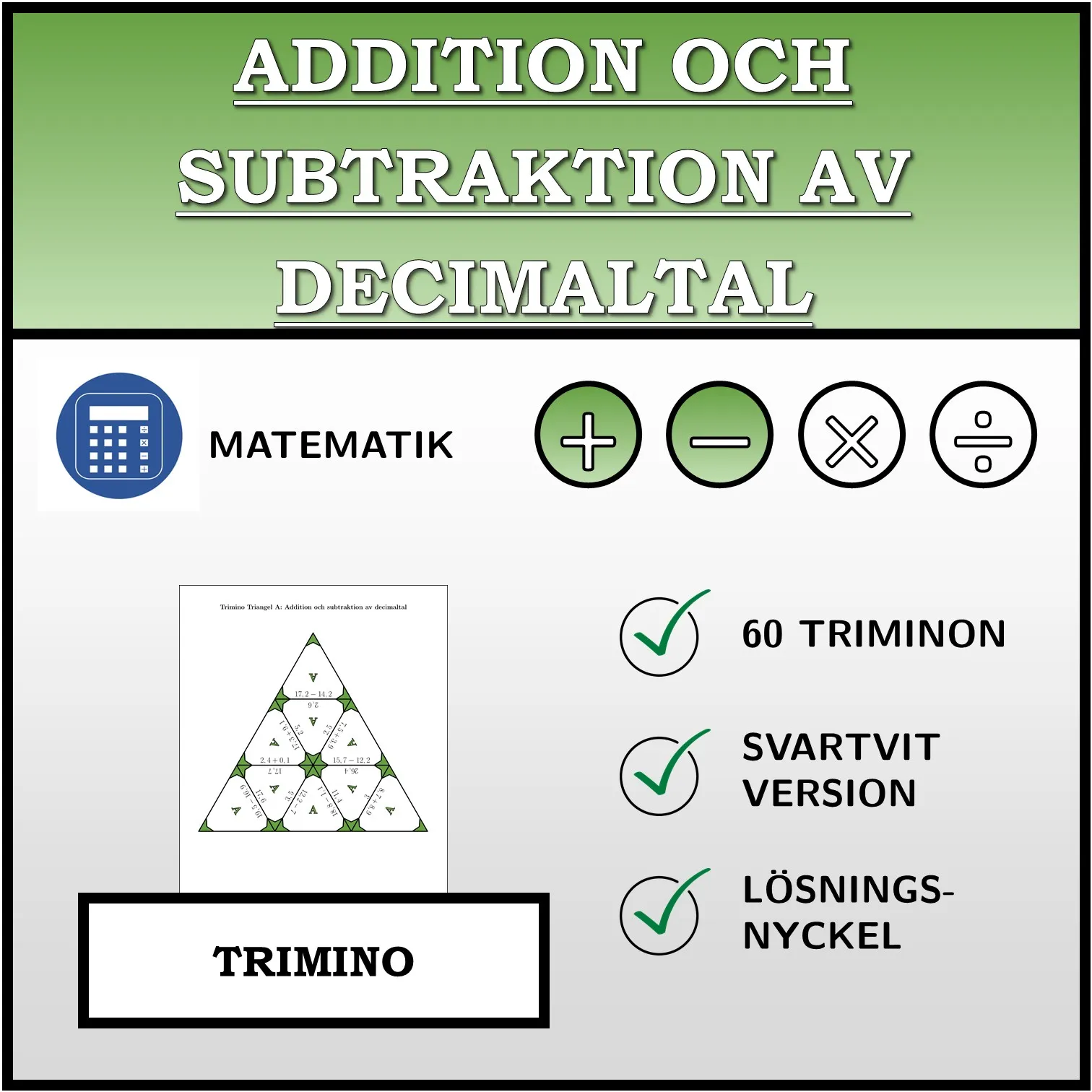 Trimino: Addition och subtraktion av decimaltal