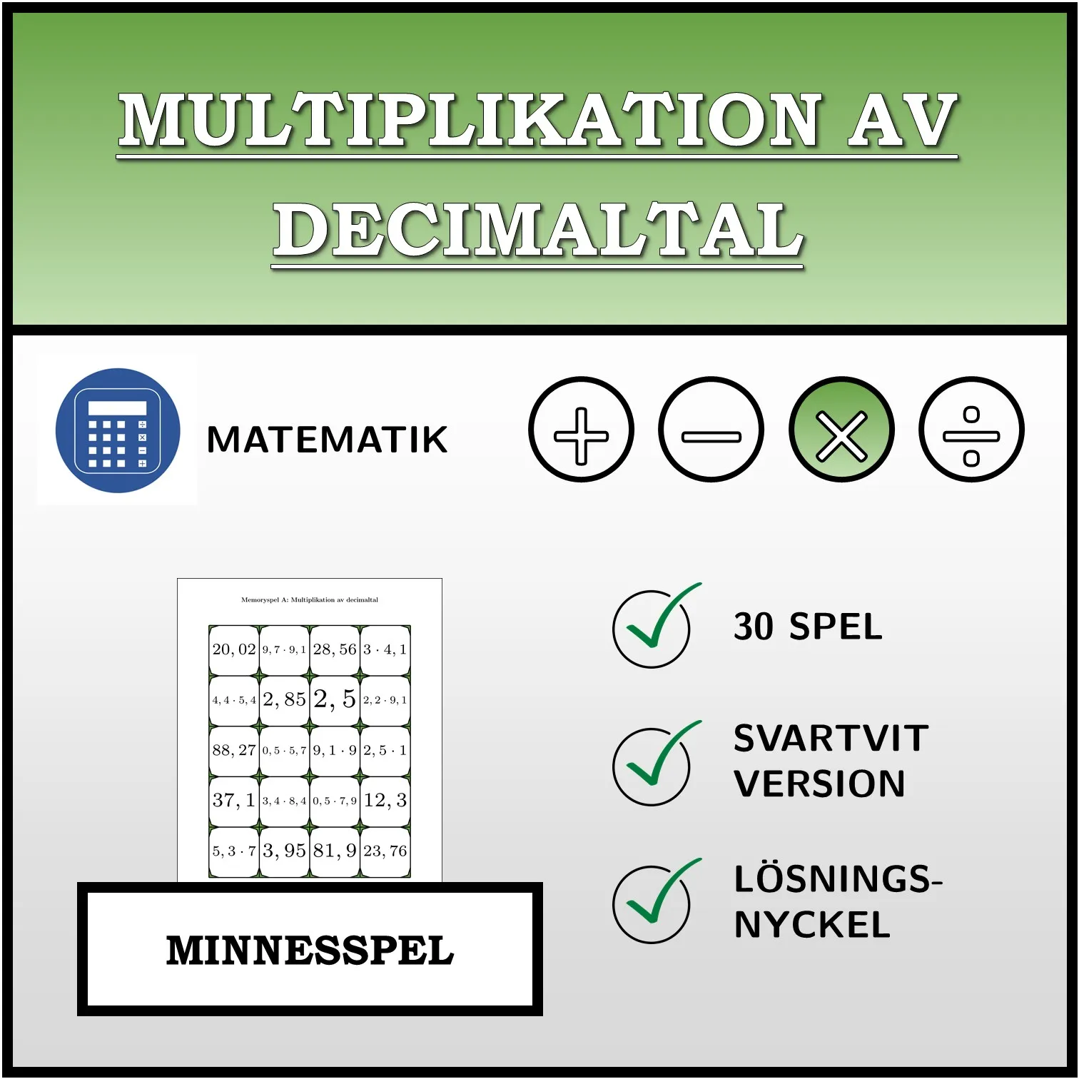 Memoryspel: Multiplikation av decimaltal