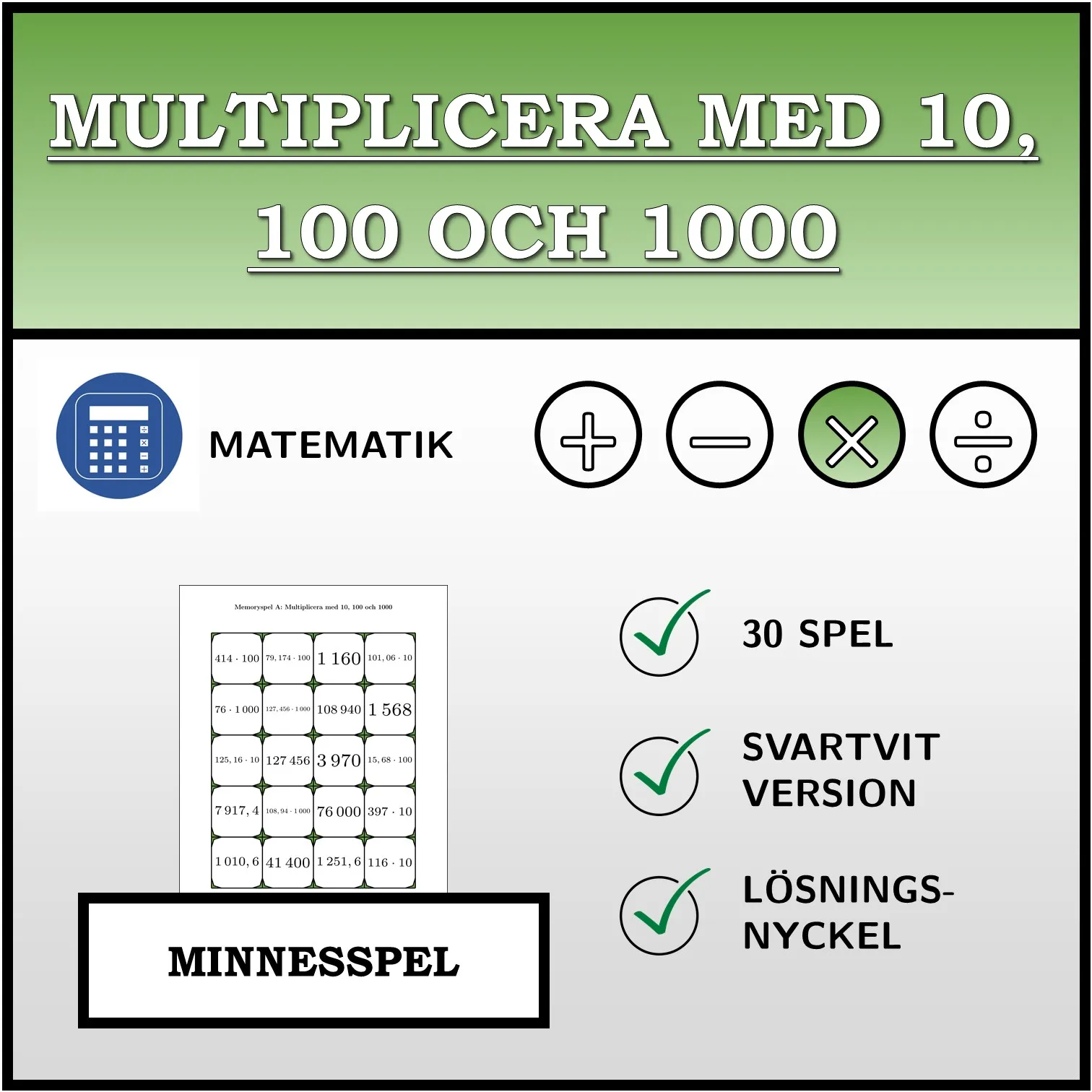 Memoryspel: Multiplicera med 10, 100 och 1000