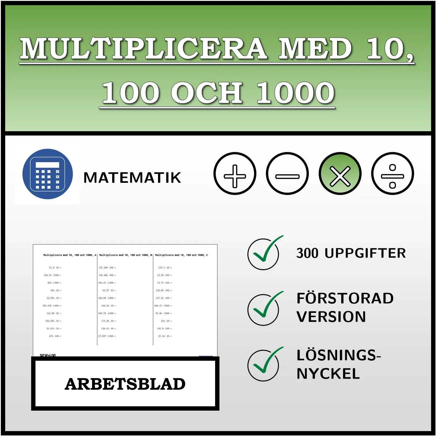 Arbetsblad: Multiplicera med 10, 100 och 1000