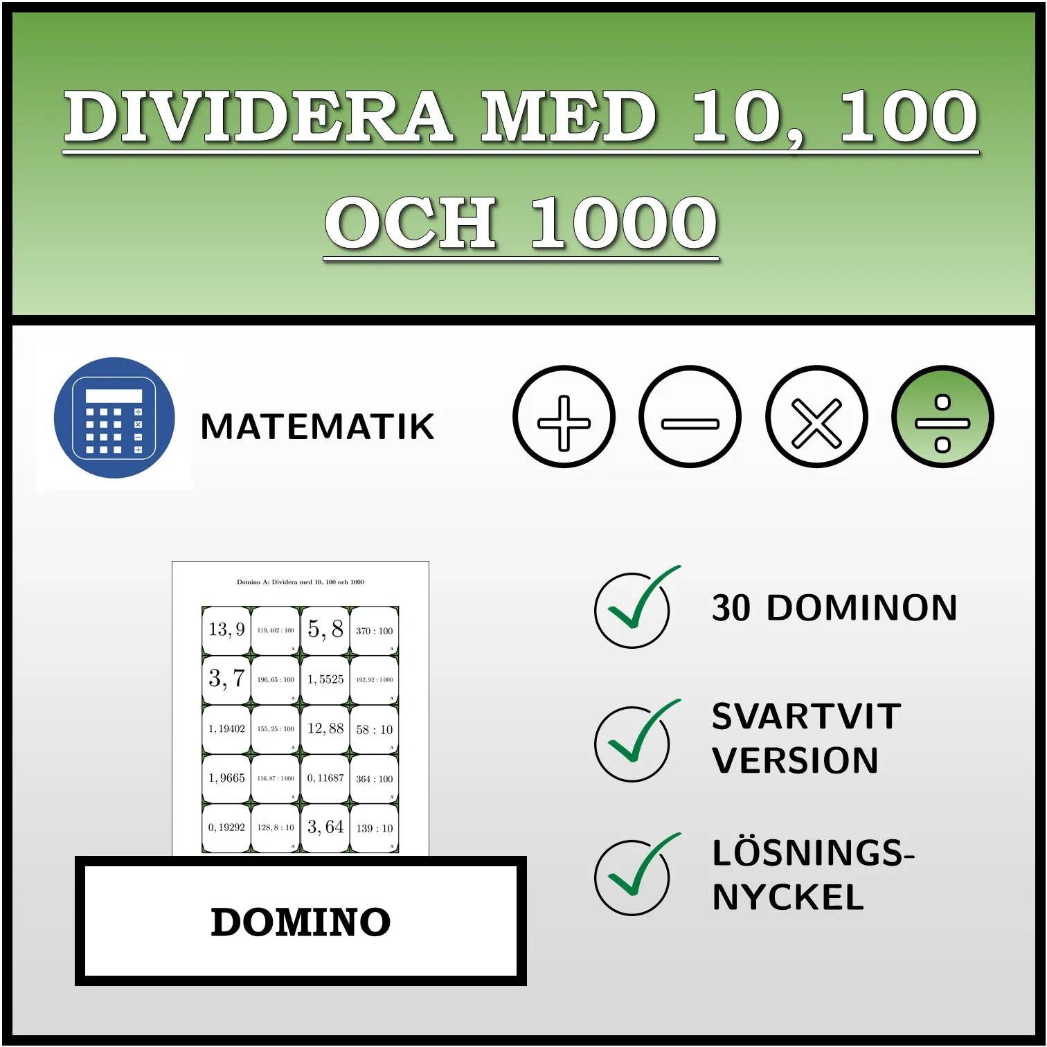 Domino: Dividera med 10, 100 och 1000