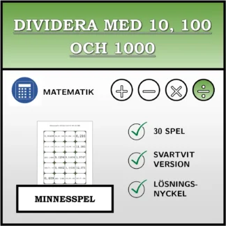 Memoryspel: Dividera med 10, 100 och 1000