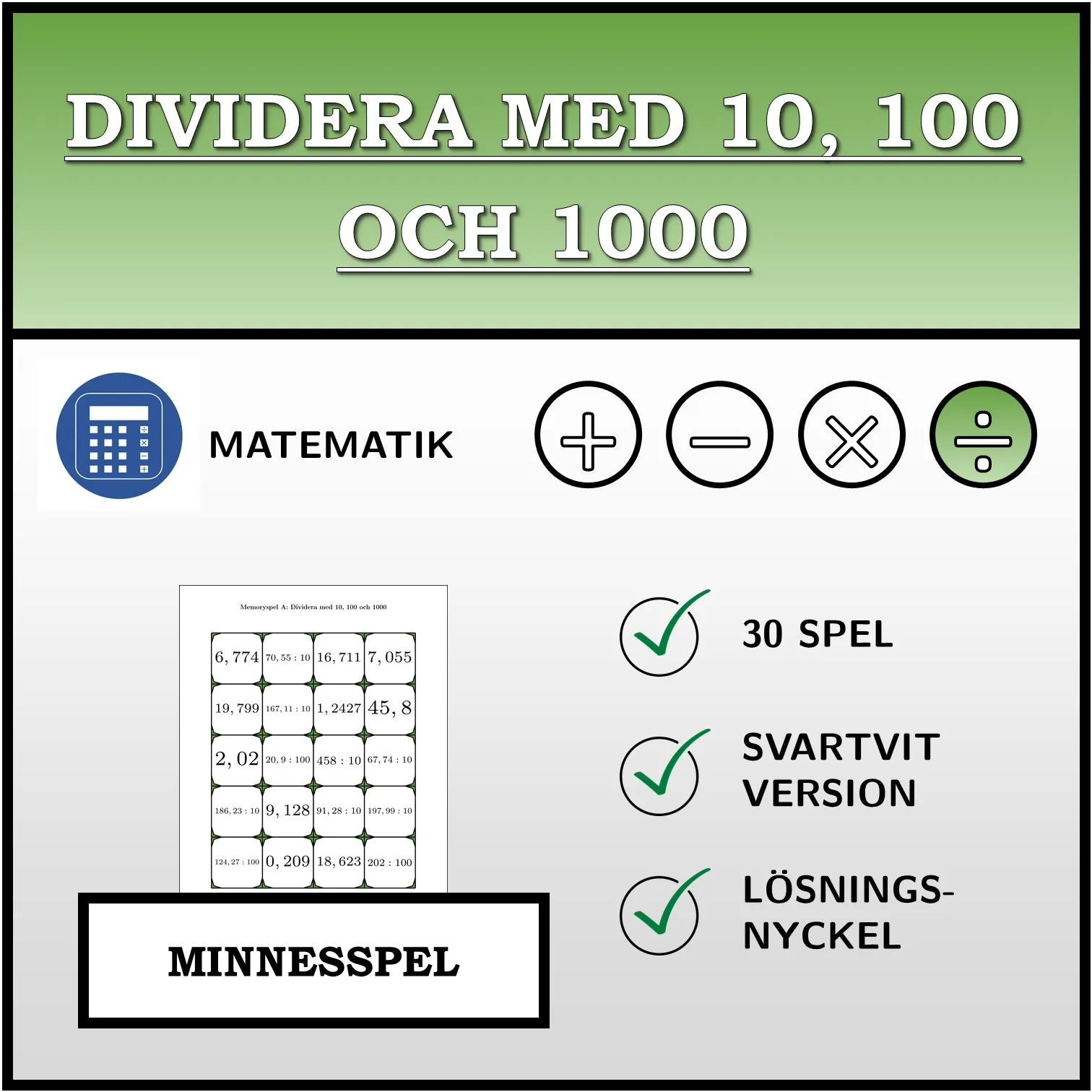Memoryspel: Dividera med 10, 100 och 1000