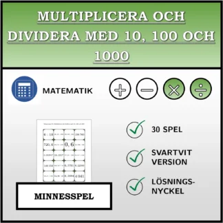 Memoryspel: Multiplicera och dividera med 10, 100 och 1000