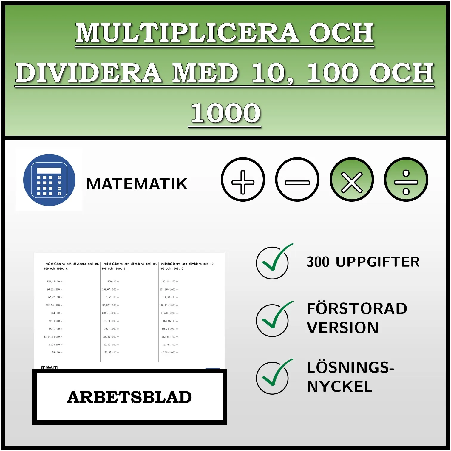 Arbetsblad: Multiplicera och dividera med 10, 100 och 1000