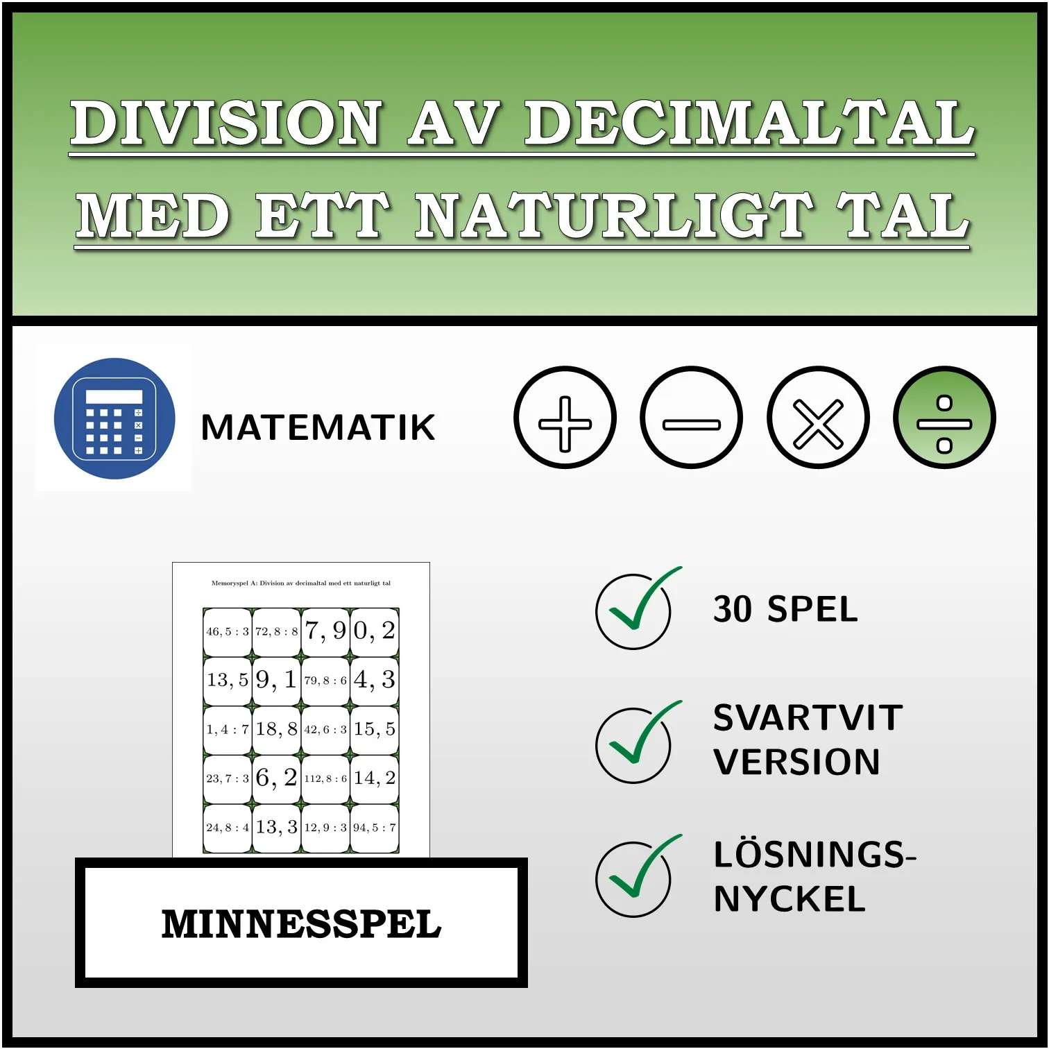 Memoryspel: Division av decimaltal med ett naturligt tal