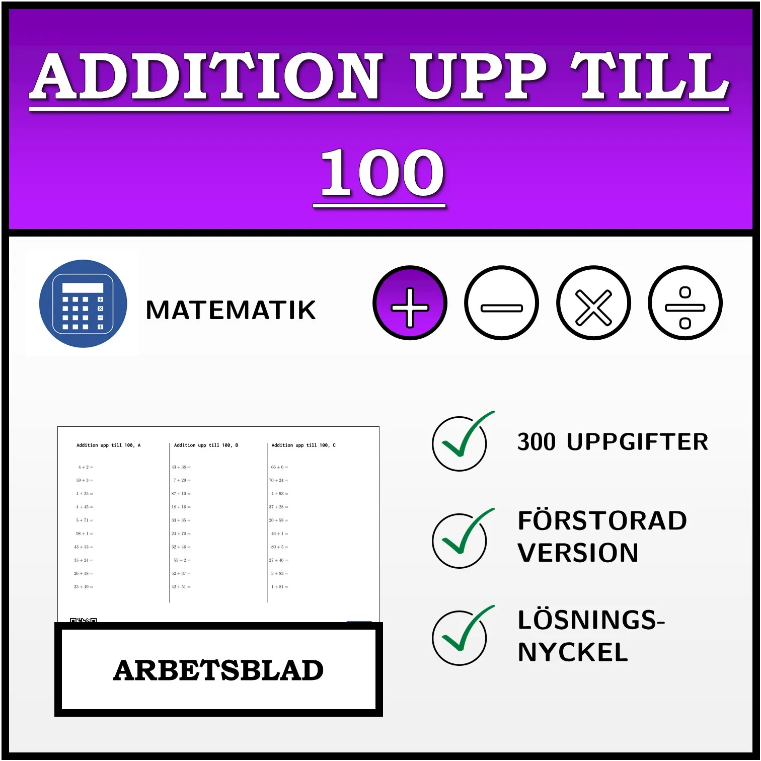 Arbetsblad: Addition upp till 100