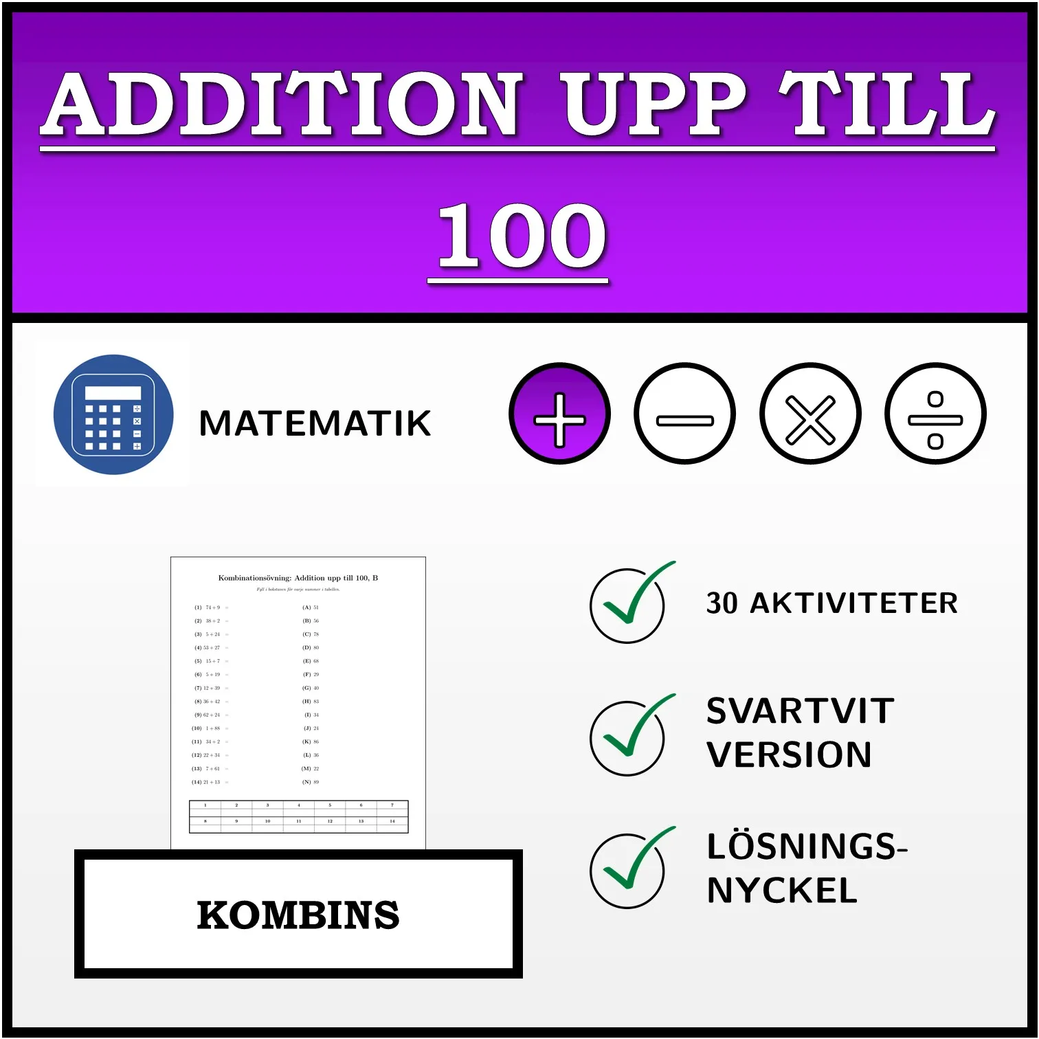 Kombinationsövning: Addition upp till 100