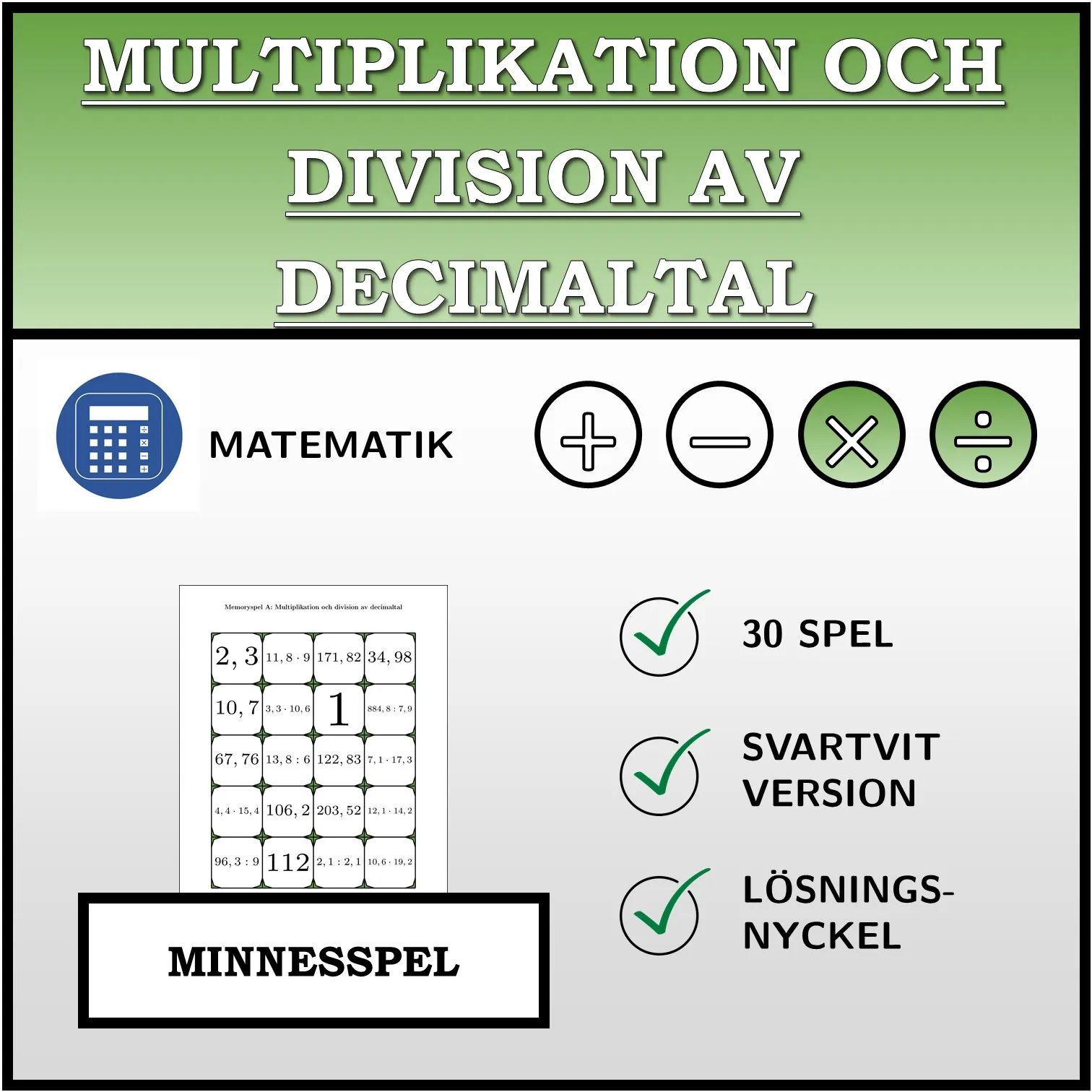 Memoryspel: Multiplikation och division av decimaltal