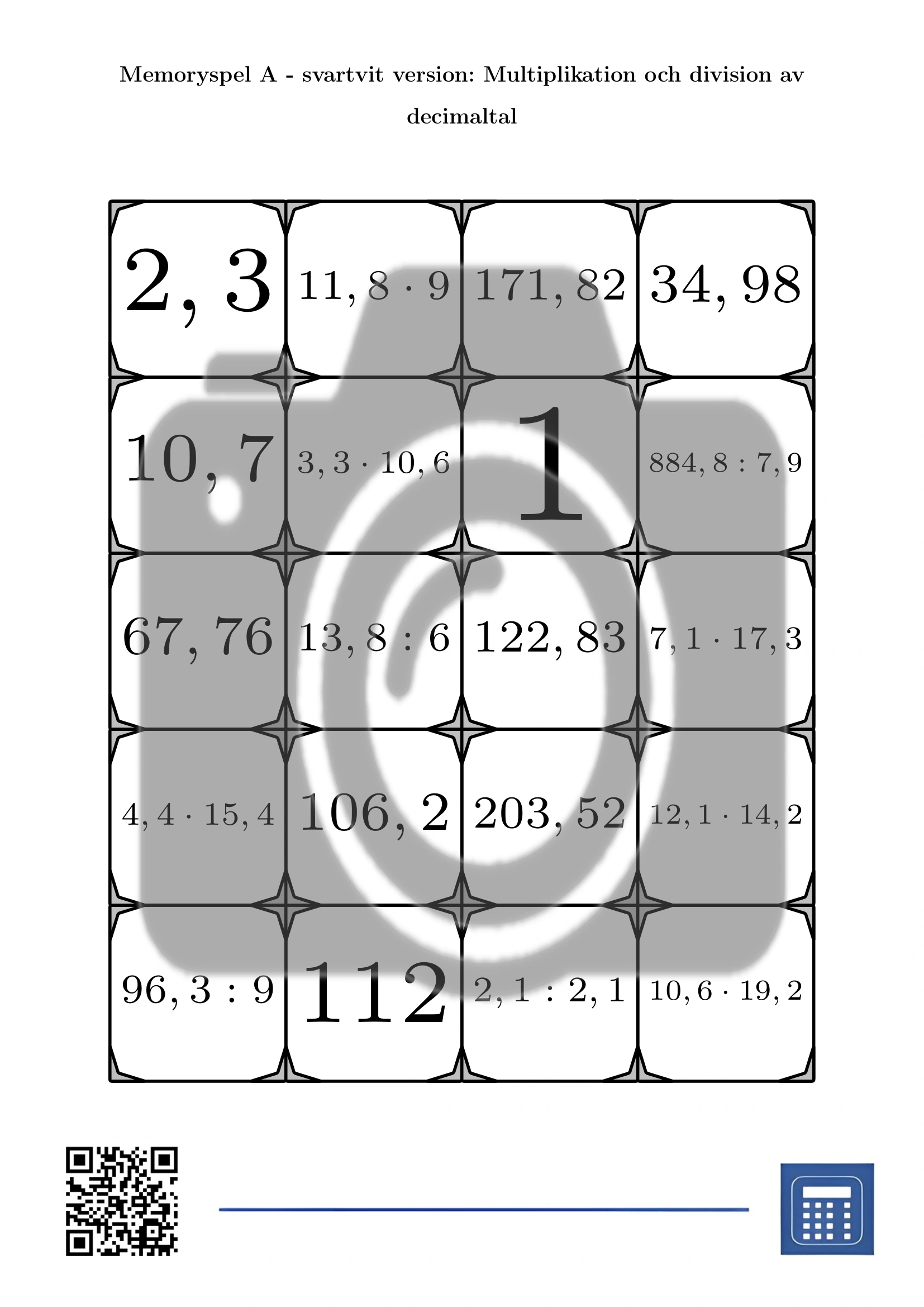 Memoryspel: Multiplikation och division av decimaltal - Bild 3