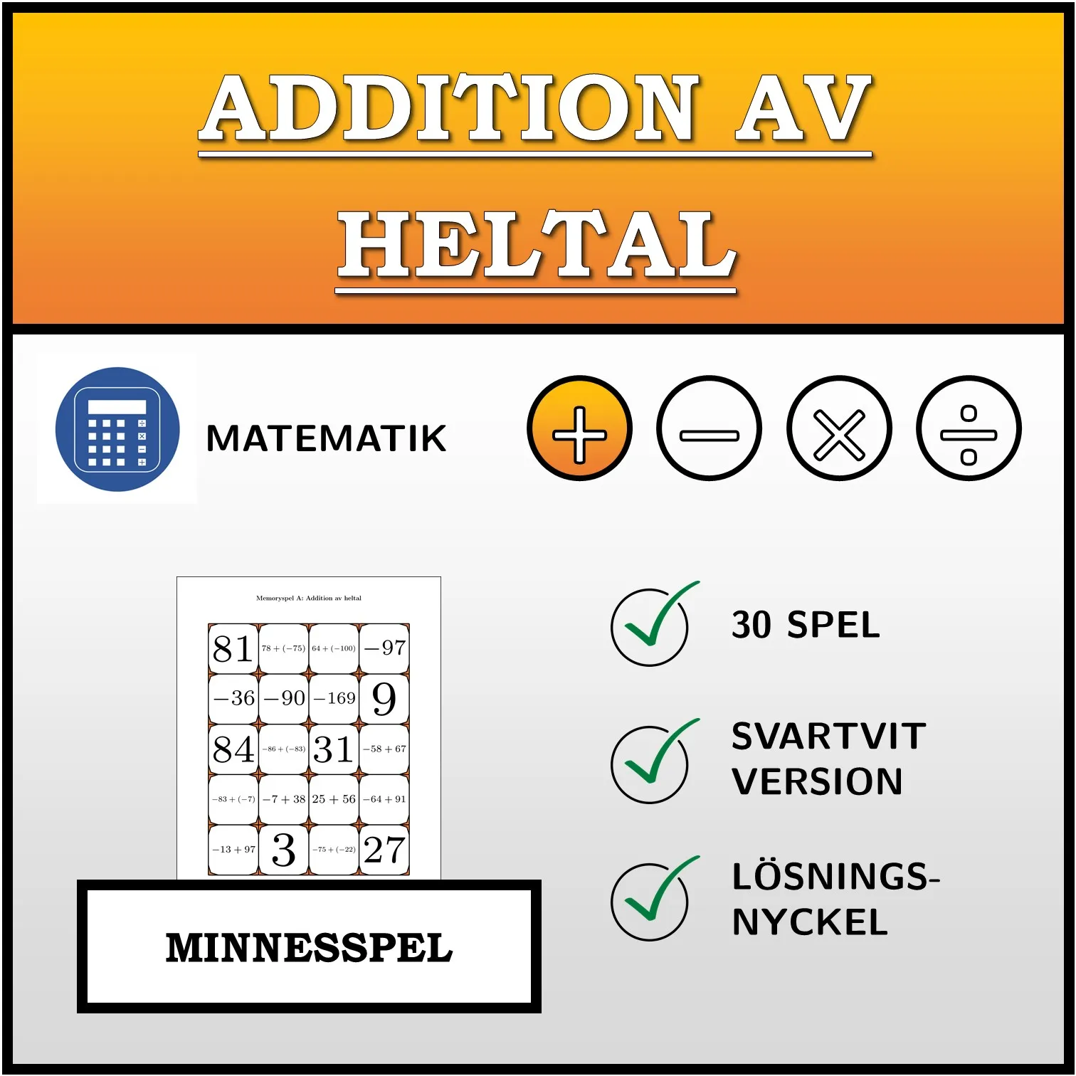 Memoryspel: Addition av heltal