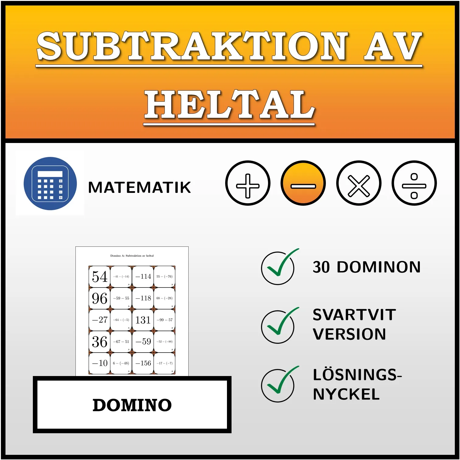 Domino: Subtraktion av heltal