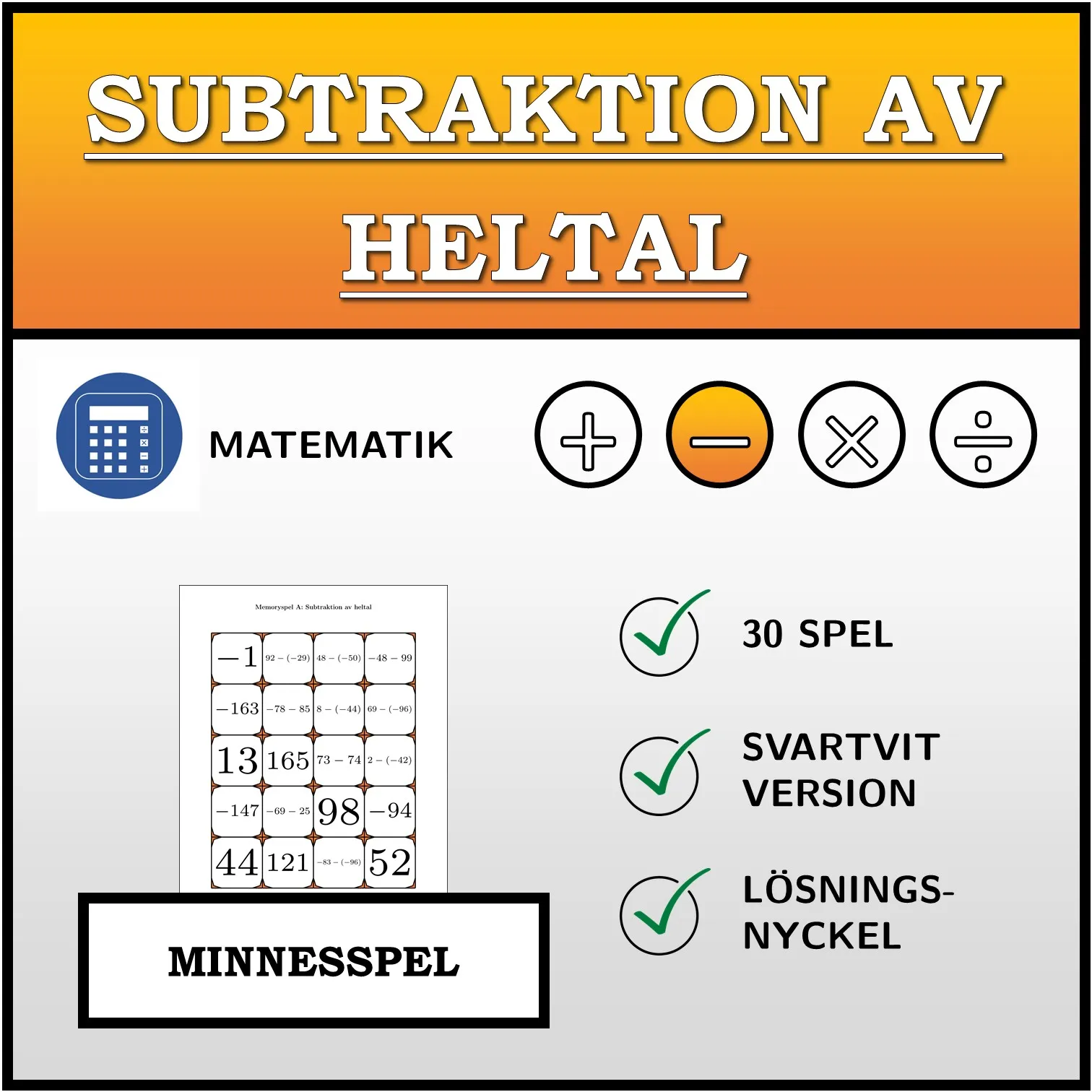 Memoryspel: Subtraktion av heltal