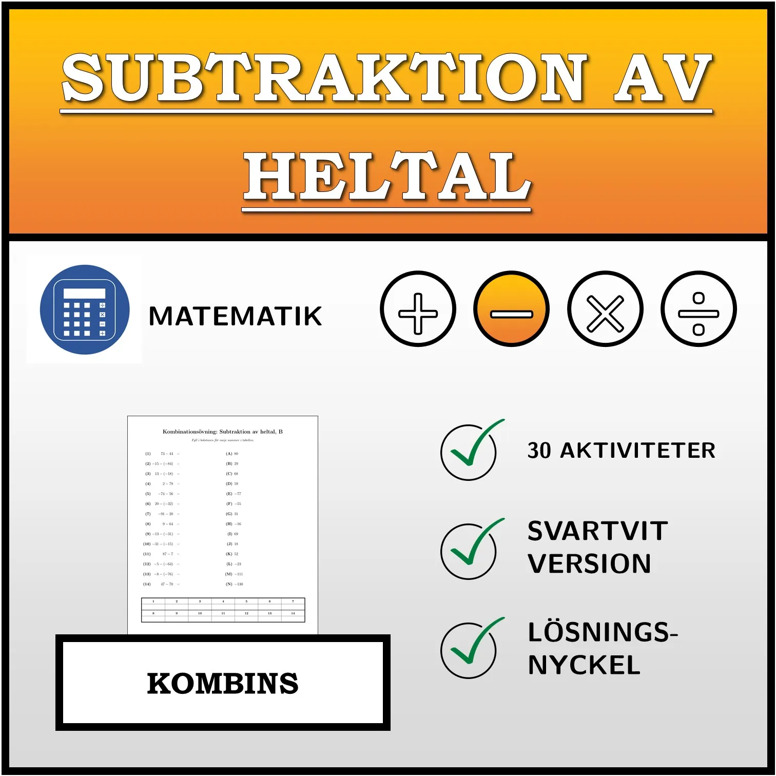 Kombinationsövning: Subtraktion av heltal