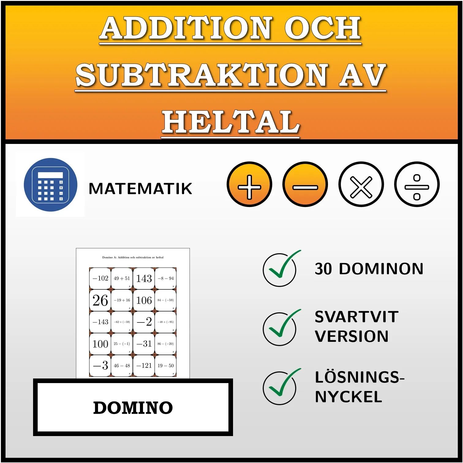 Domino: Addition och subtraktion av heltal