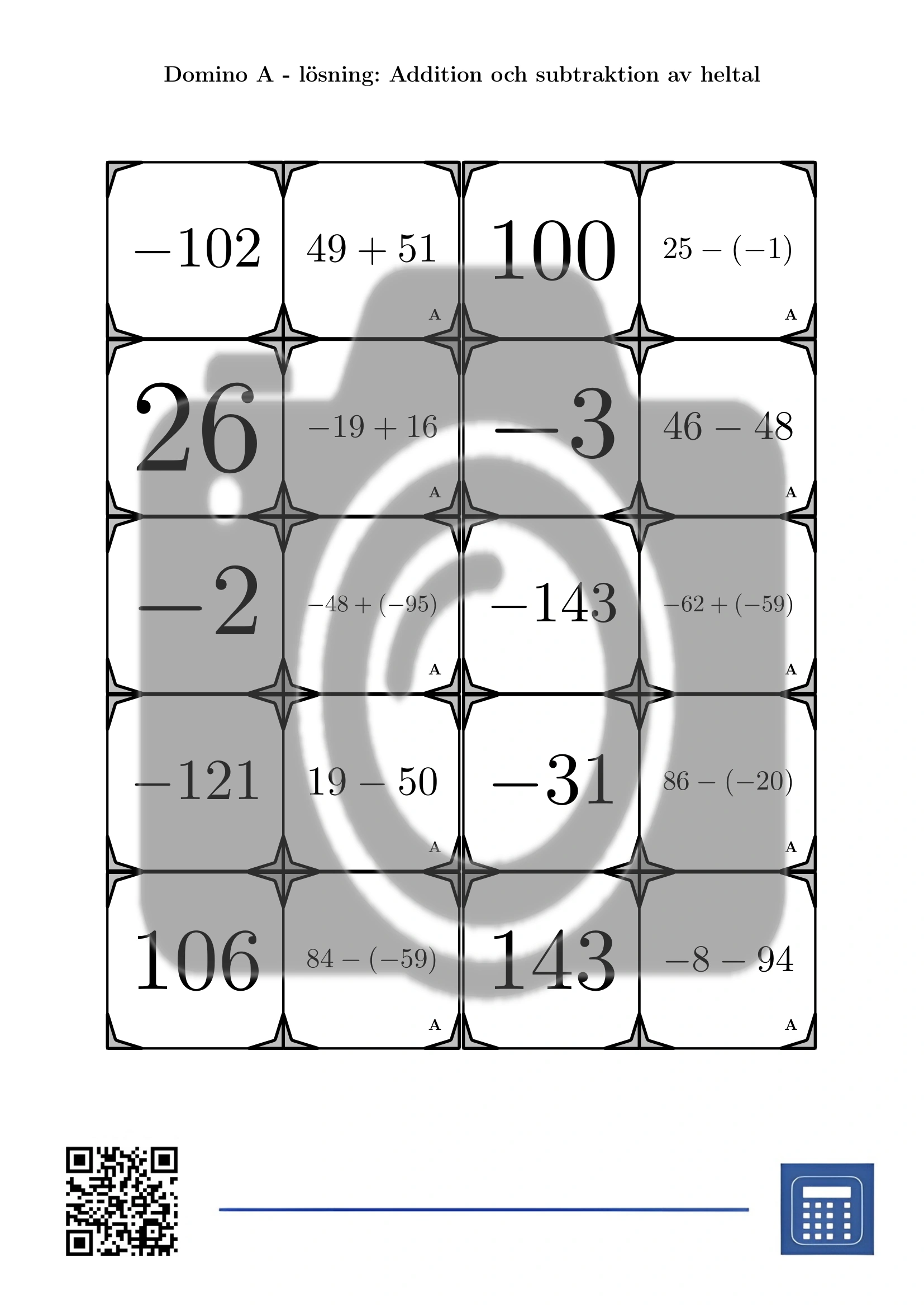 Domino: Addition och subtraktion av heltal - Bild 4