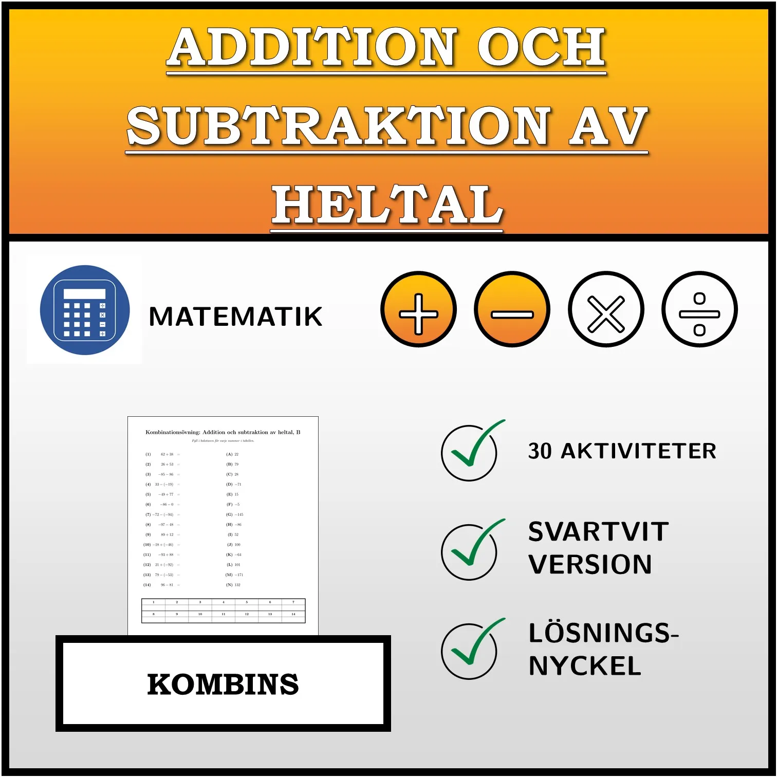 Kombinationsövning: Addition och subtraktion av heltal