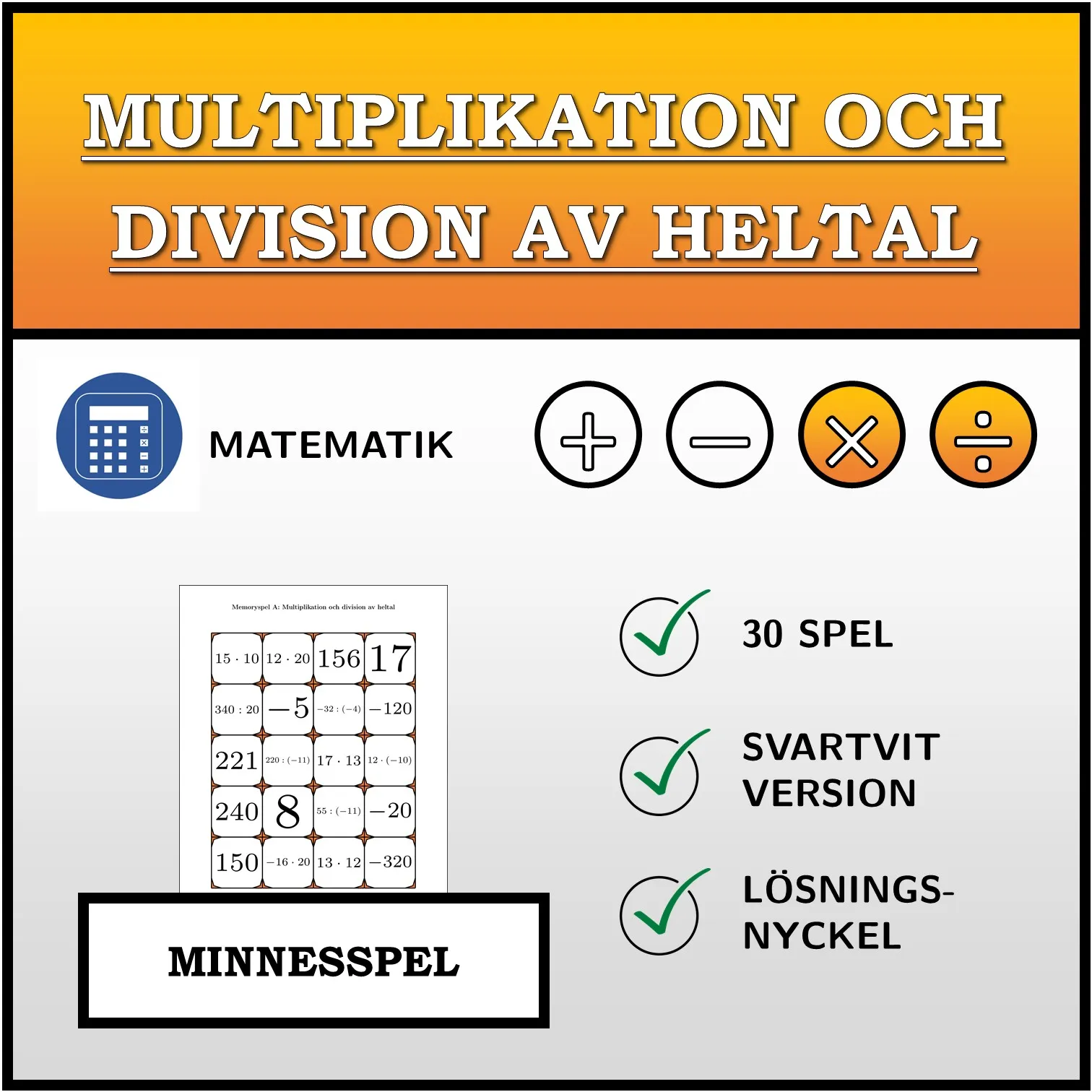 Memoryspel: Multiplikation och division av heltal