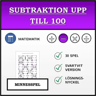 Memoryspel: Subtraktion upp till 100