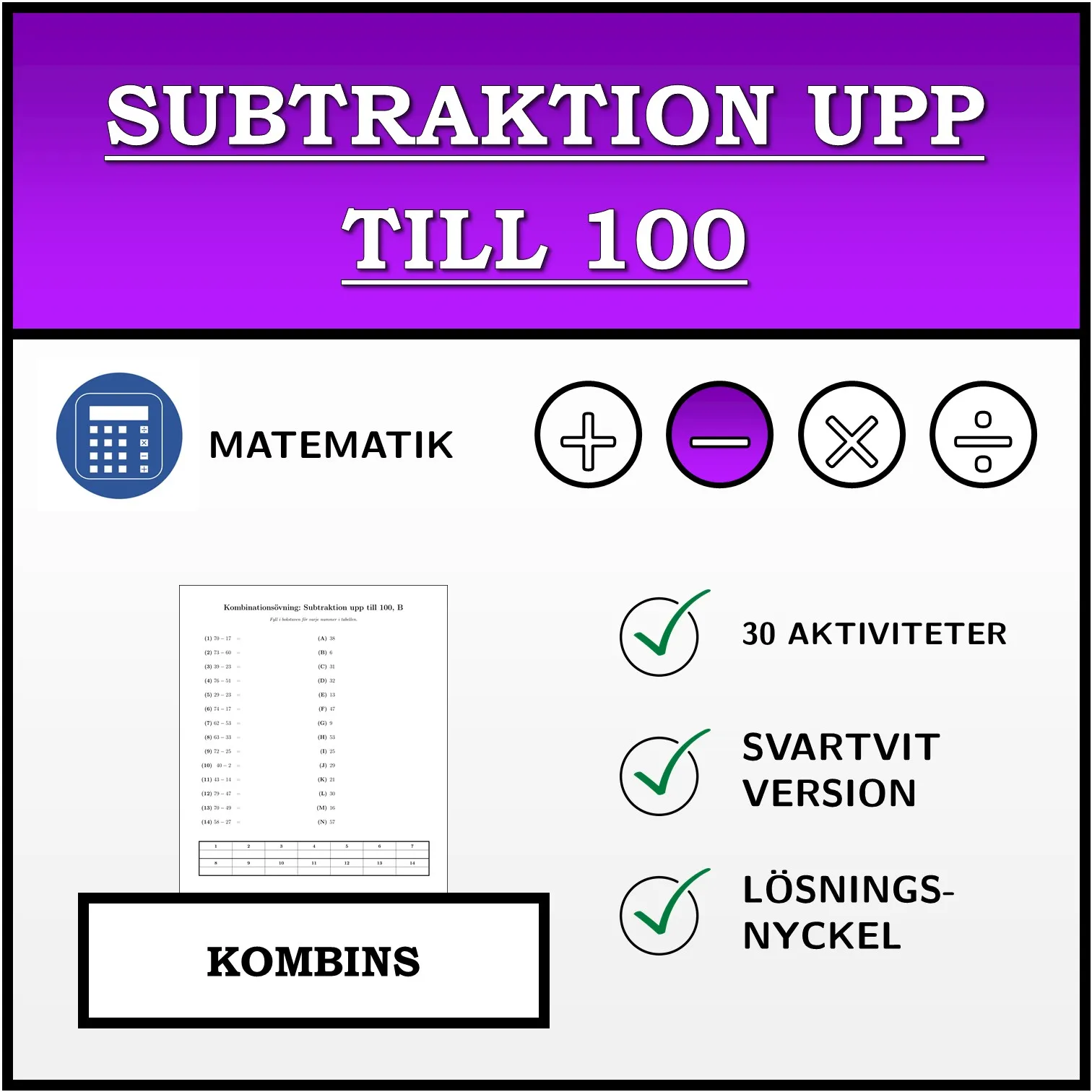 Kombinationsövning: Subtraktion upp till 100