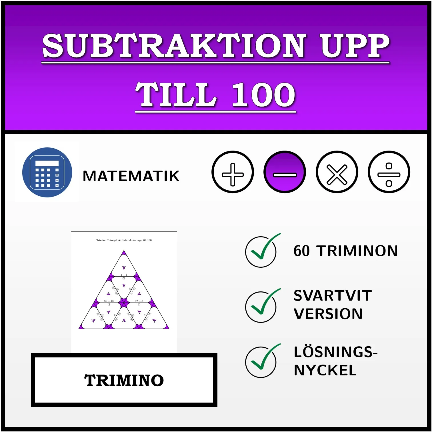 Trimino: Subtraktion upp till 100