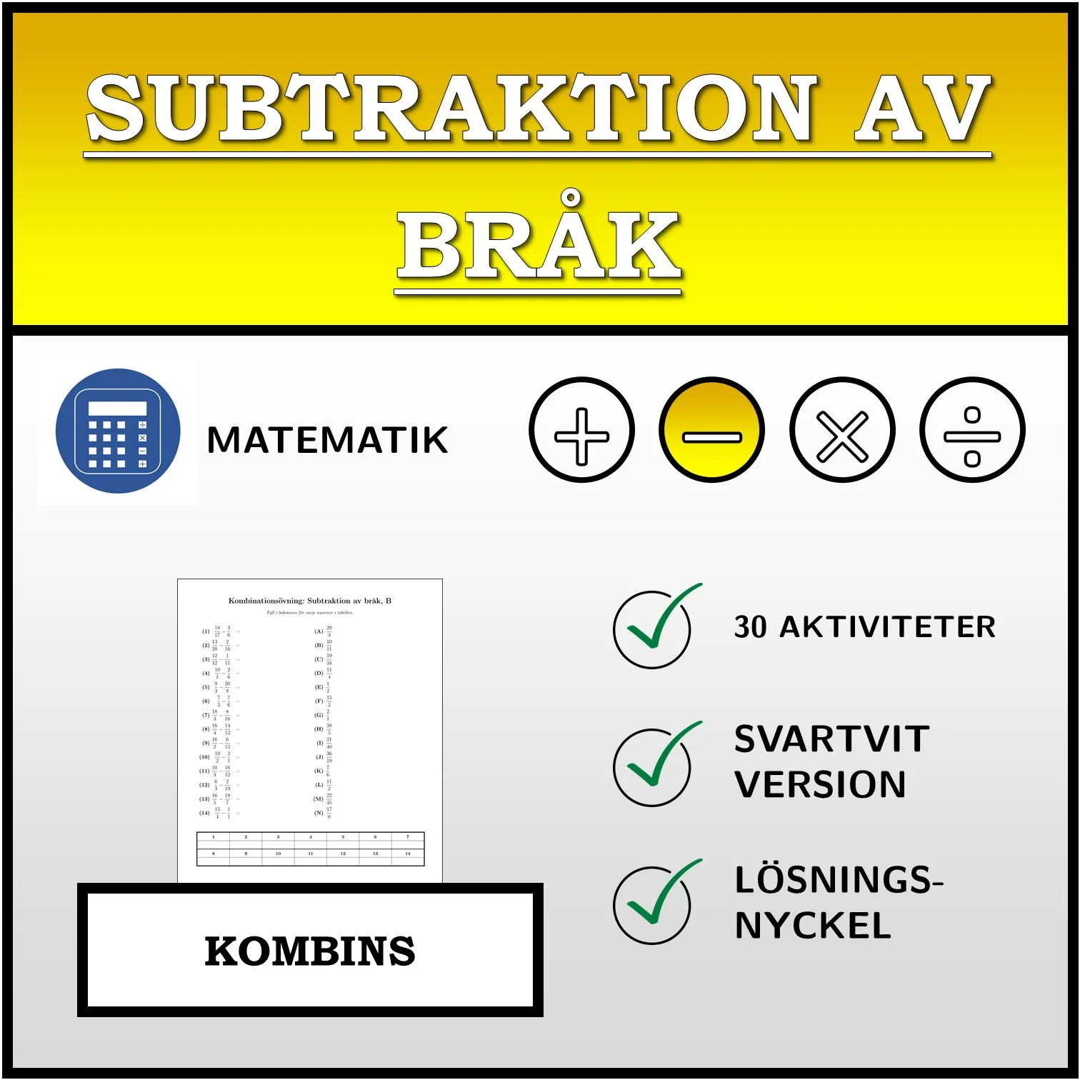 Kombinationsövning: Subtraktion av bråk