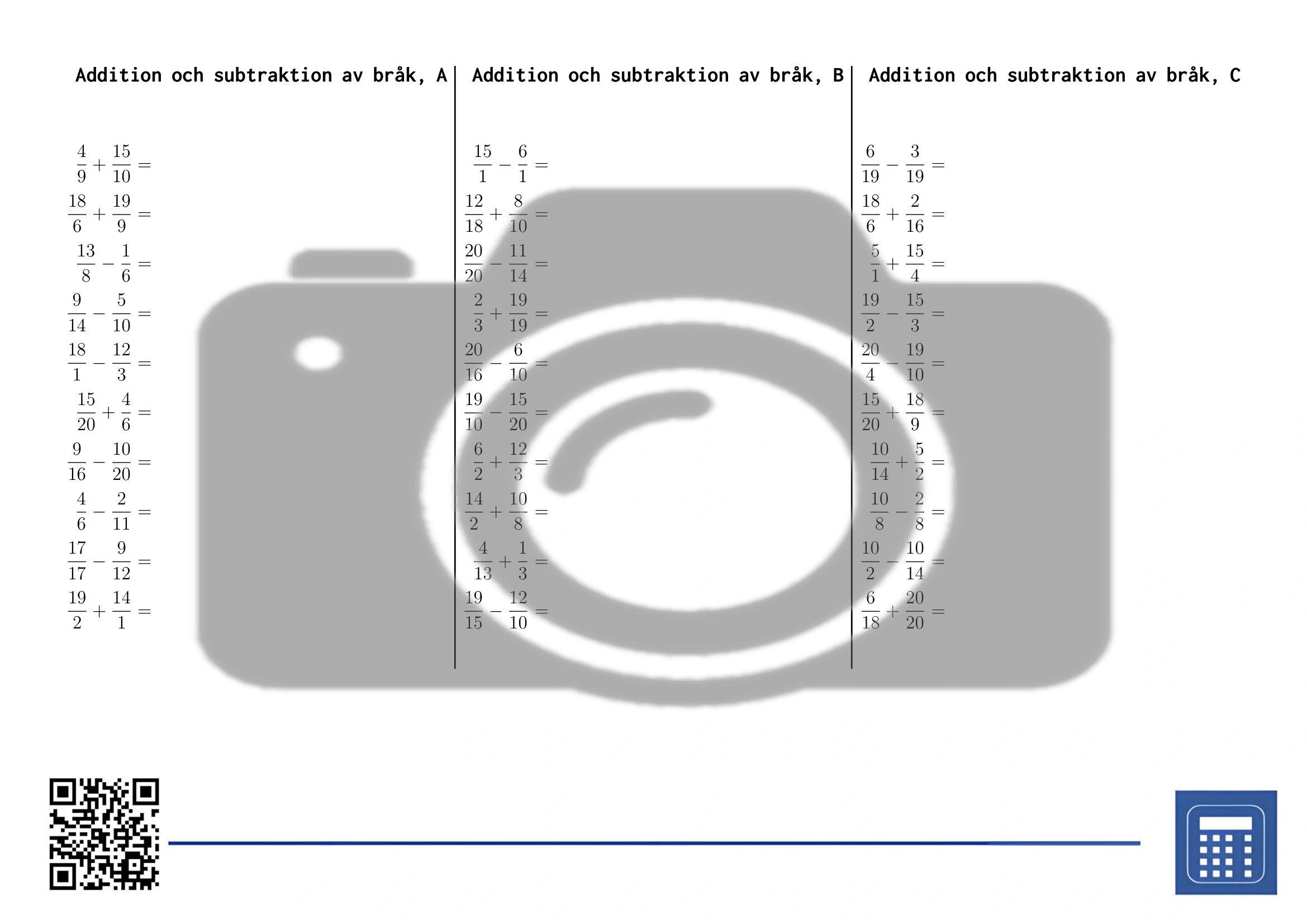 Arbetsblad: Addition och subtraktion av bråk - Bild 2