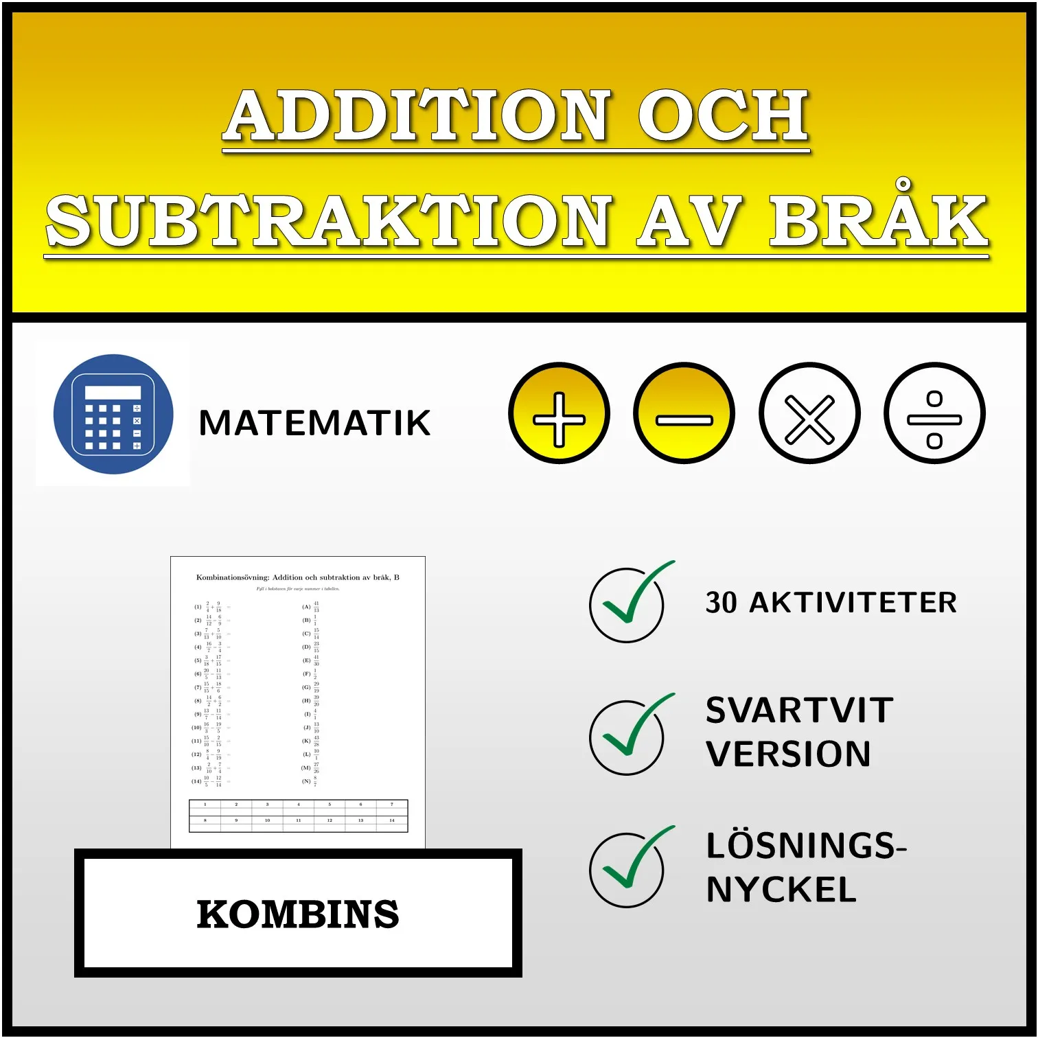 Kombinationsövning: Addition och subtraktion av bråk