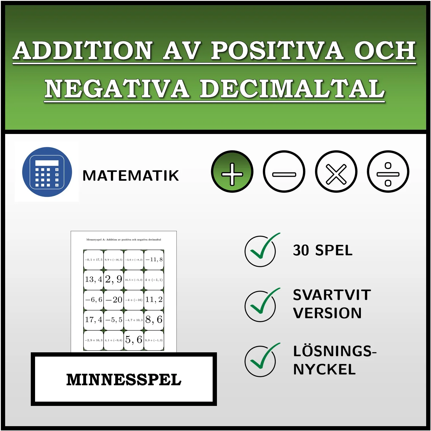 Memoryspel: Addition av positiva och negativa decimaltal
