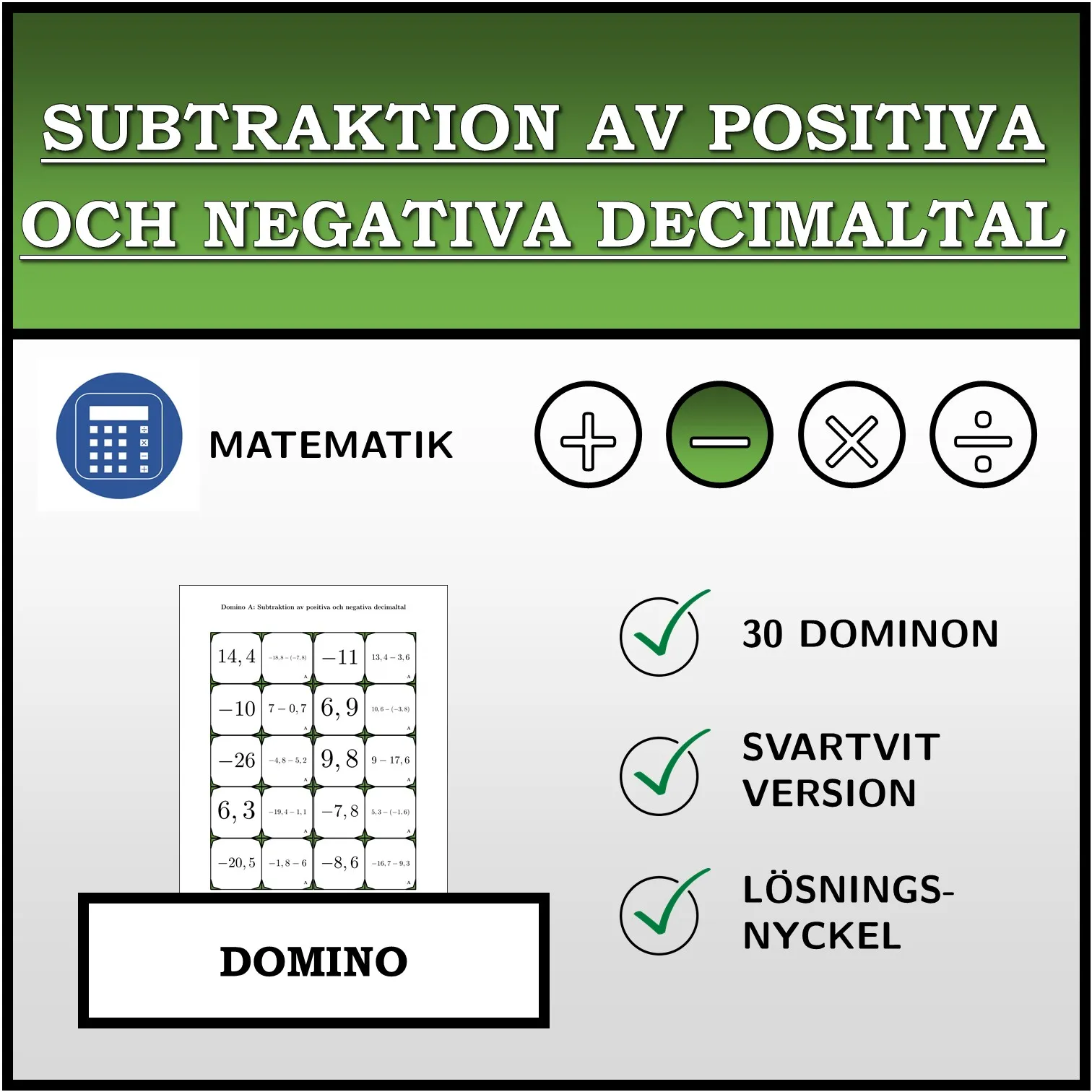 Domino: Subtraktion av positiva och negativa decimaltal