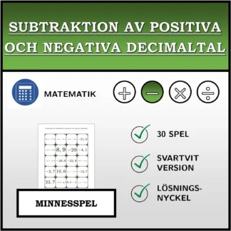 Memoryspel: Subtraktion av positiva och negativa decimaltal