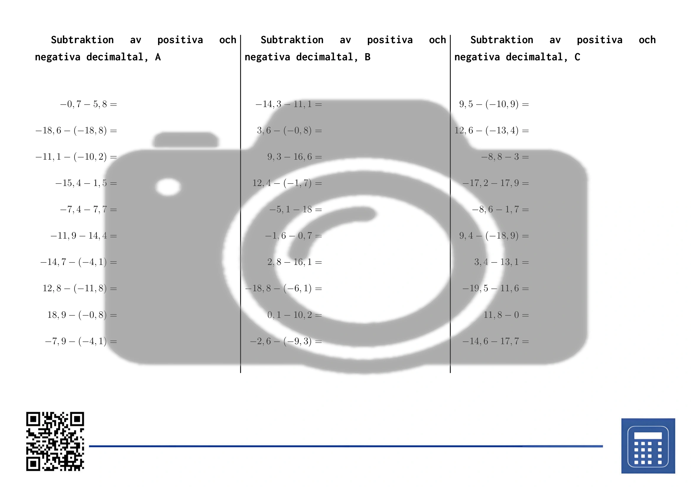 Arbetsblad: Subtraktion av positiva och negativa decimaltal - Bild 2