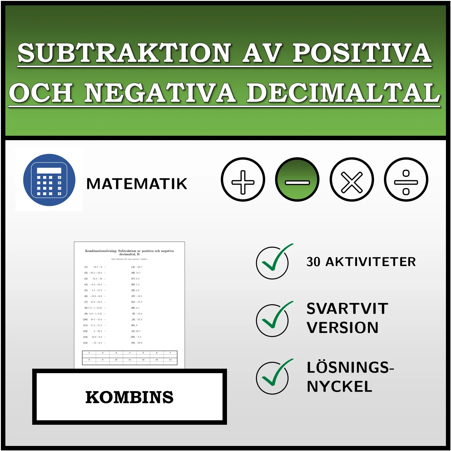 Kombinationsövning: Subtraktion av positiva och negativa decimaltal