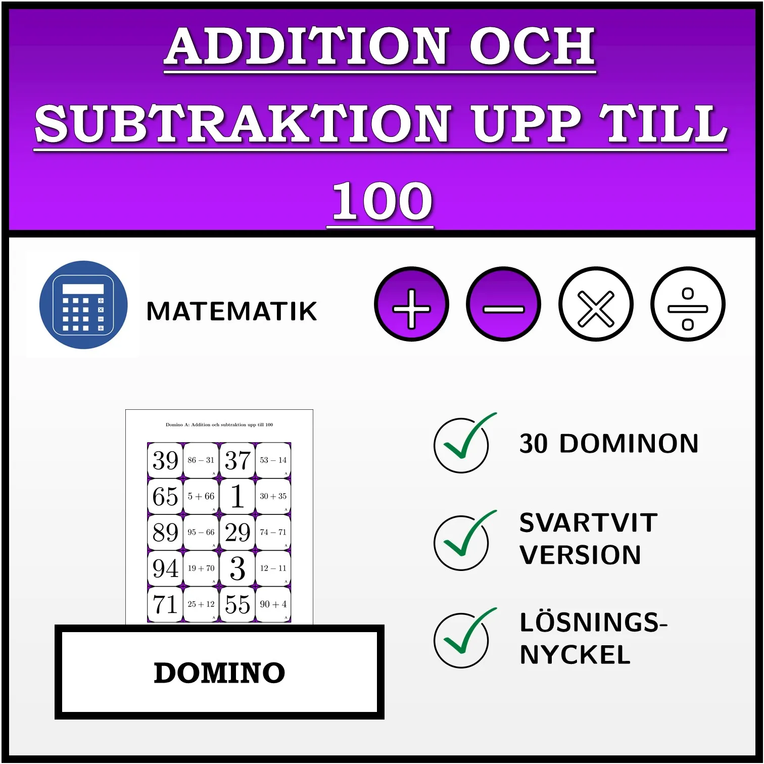 Domino: Addition och subtraktion upp till 100