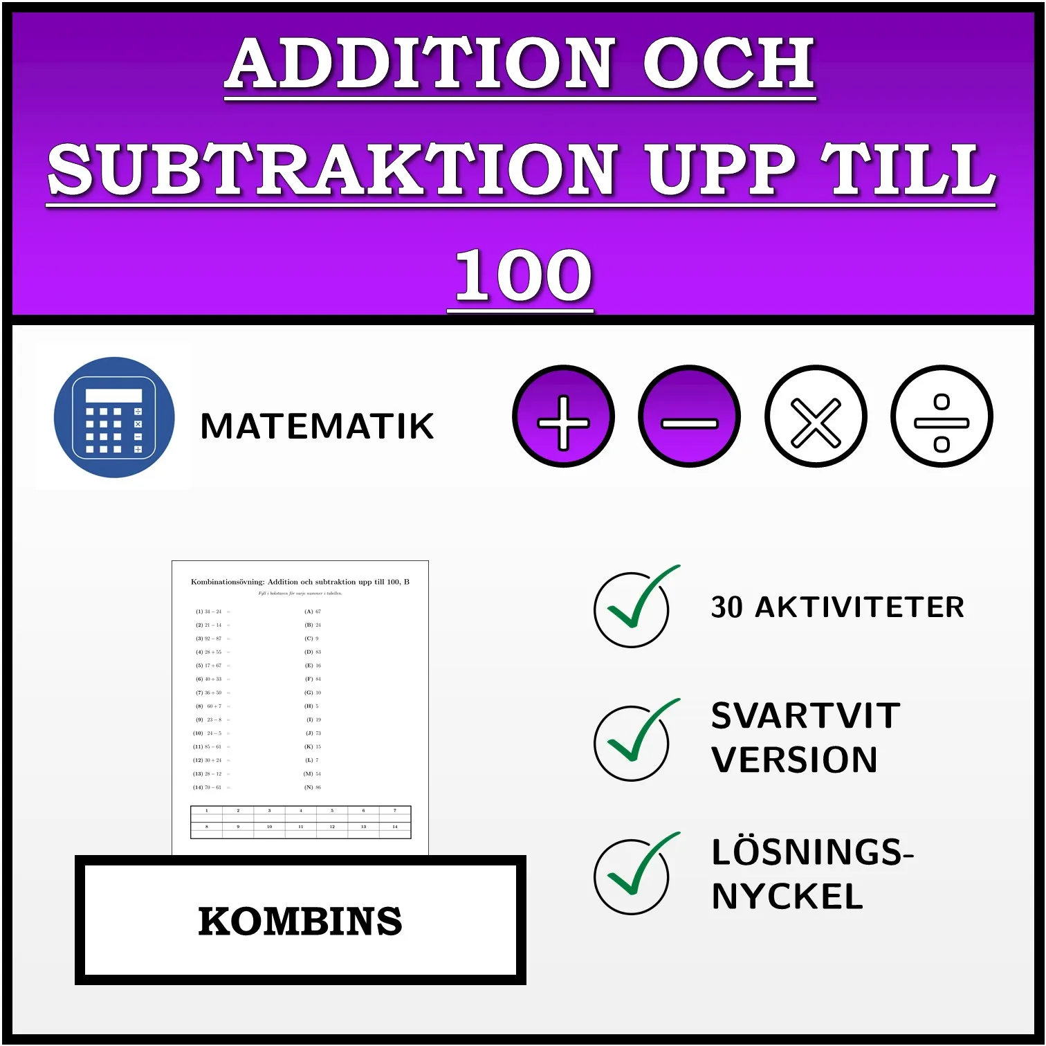 Kombinationsövning: Addition och subtraktion upp till 100