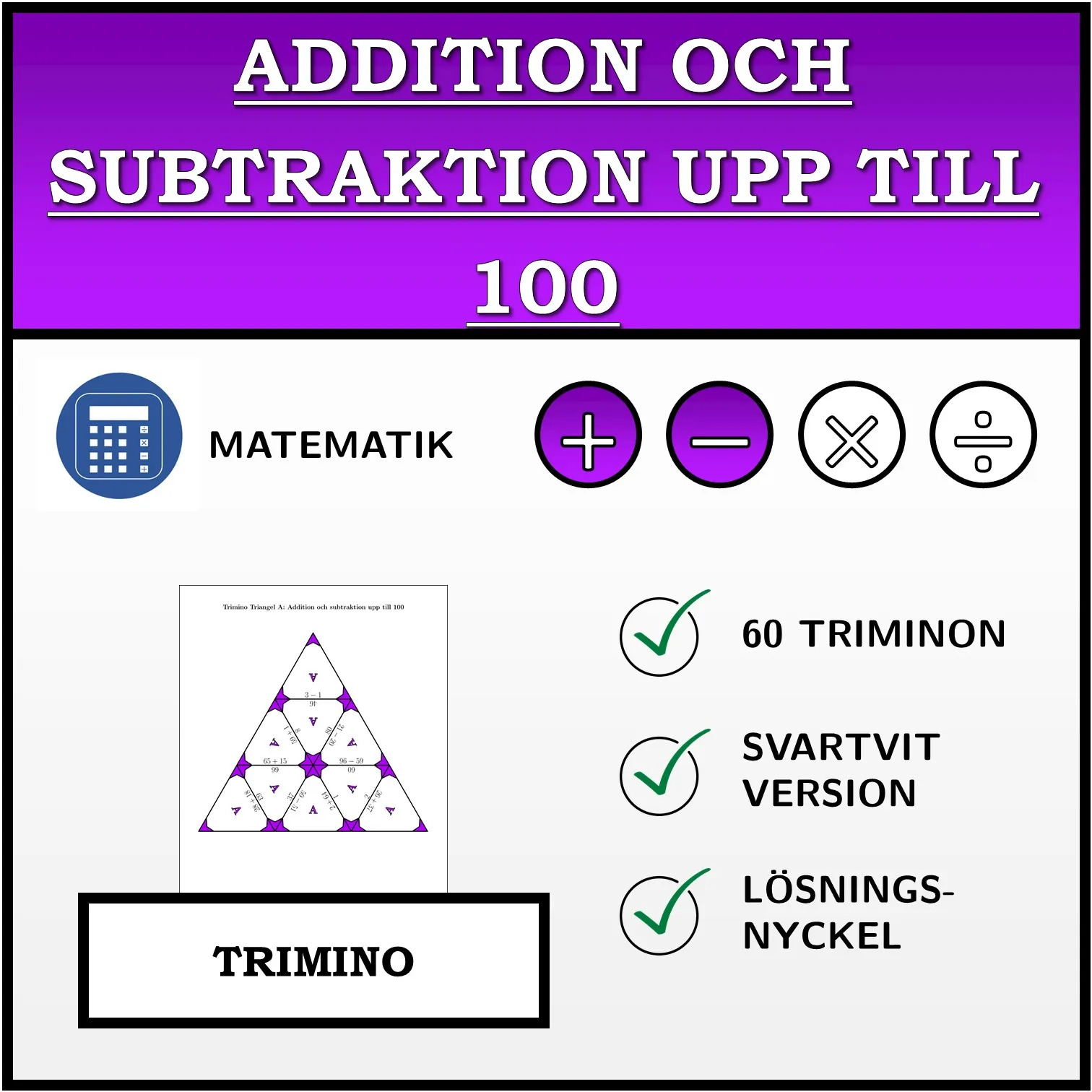 Trimino: Addition och subtraktion upp till 100